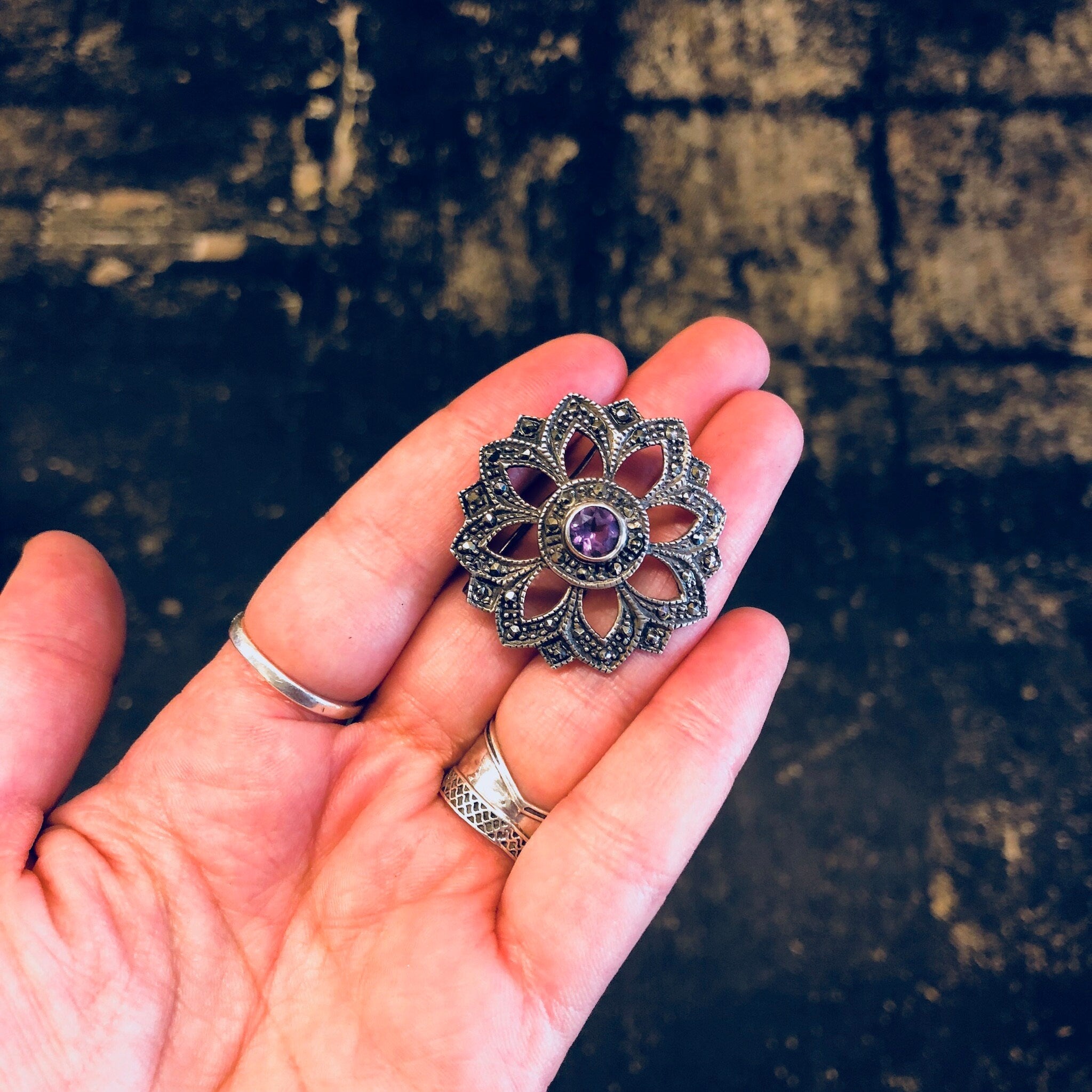 Vintage Silver Brooch, Amethyst Brooch, Marcasite Jewelry, Sterling Silver, Vintage Jewelry, Vintage Pin, Purple Pin, Starburst, Star Shape
