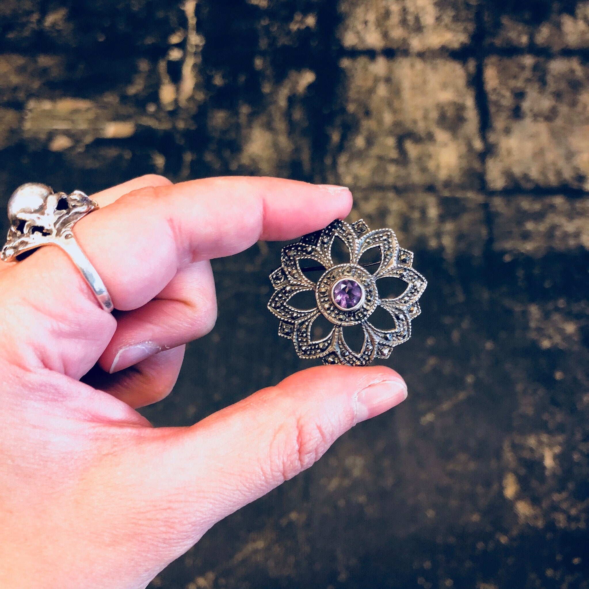 Vintage Silver Brooch, Amethyst Brooch, Marcasite Jewelry, Sterling Silver, Vintage Jewelry, Vintage Pin, Purple Pin, Starburst, Star Shape