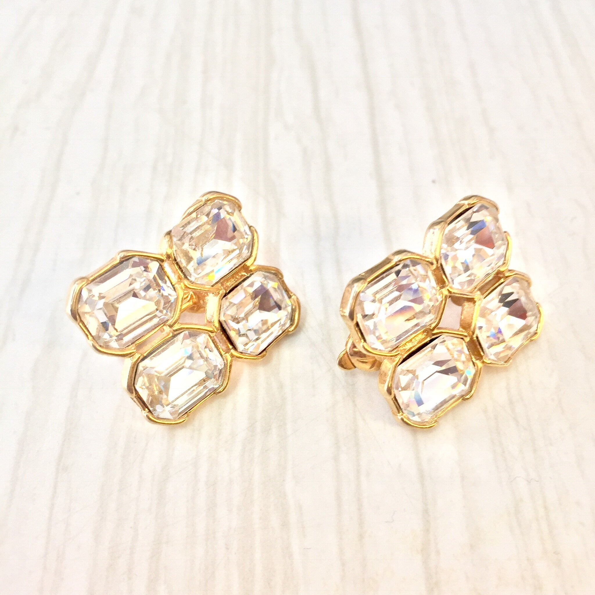 Vintage Clip On Earrings, Costume Jewelry, Vintage Jewelry, Statement Jewelry, Vintage Earrings, Gold Toned Jewelry, Fake Diamond Earrings