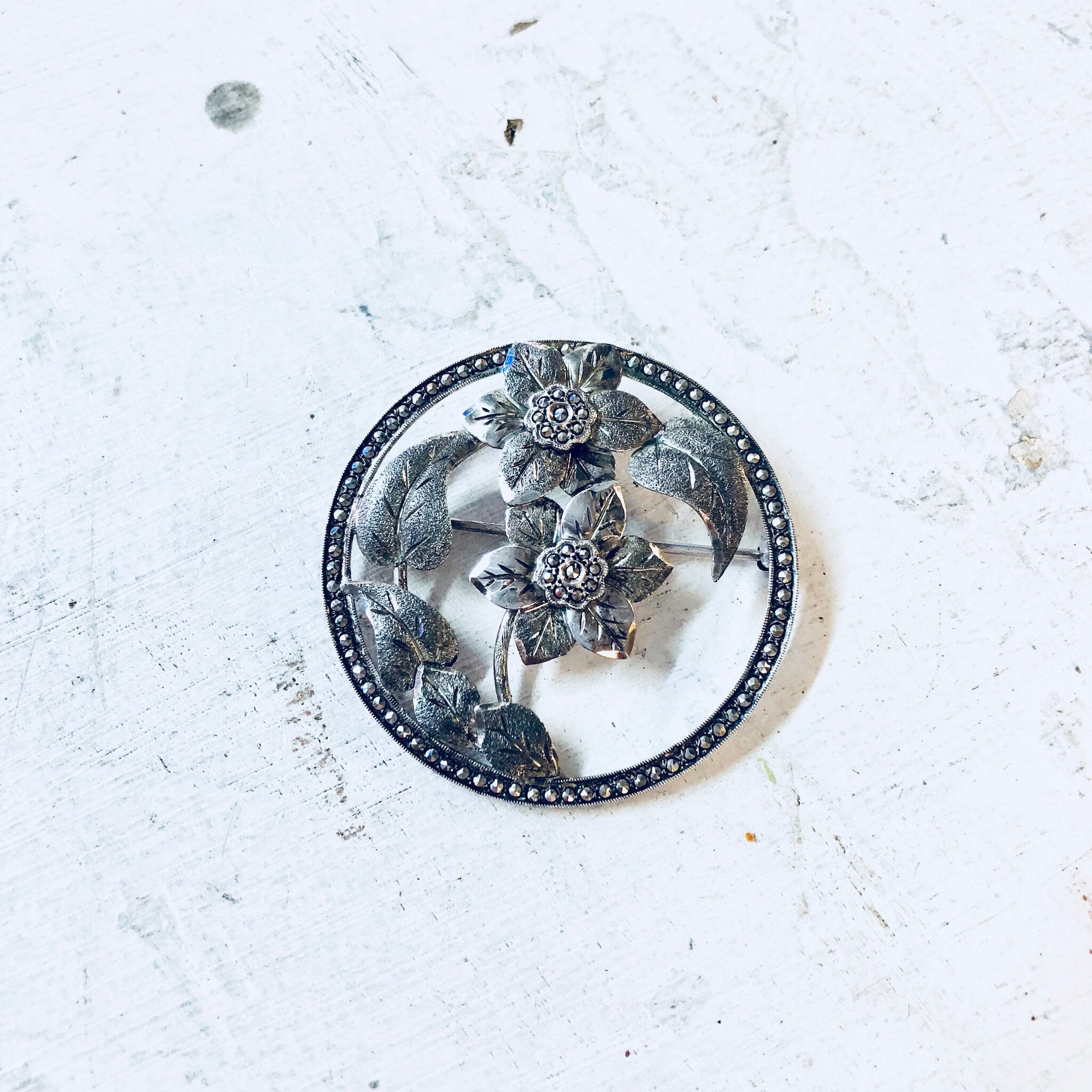 Vintage Silver Brooch, Vintage PIn, Floral Brooch, Marcasite Jewelry, Two Flowers, Marcasite Brooch, Sterling Silver, Vintage Jewelry, Pin