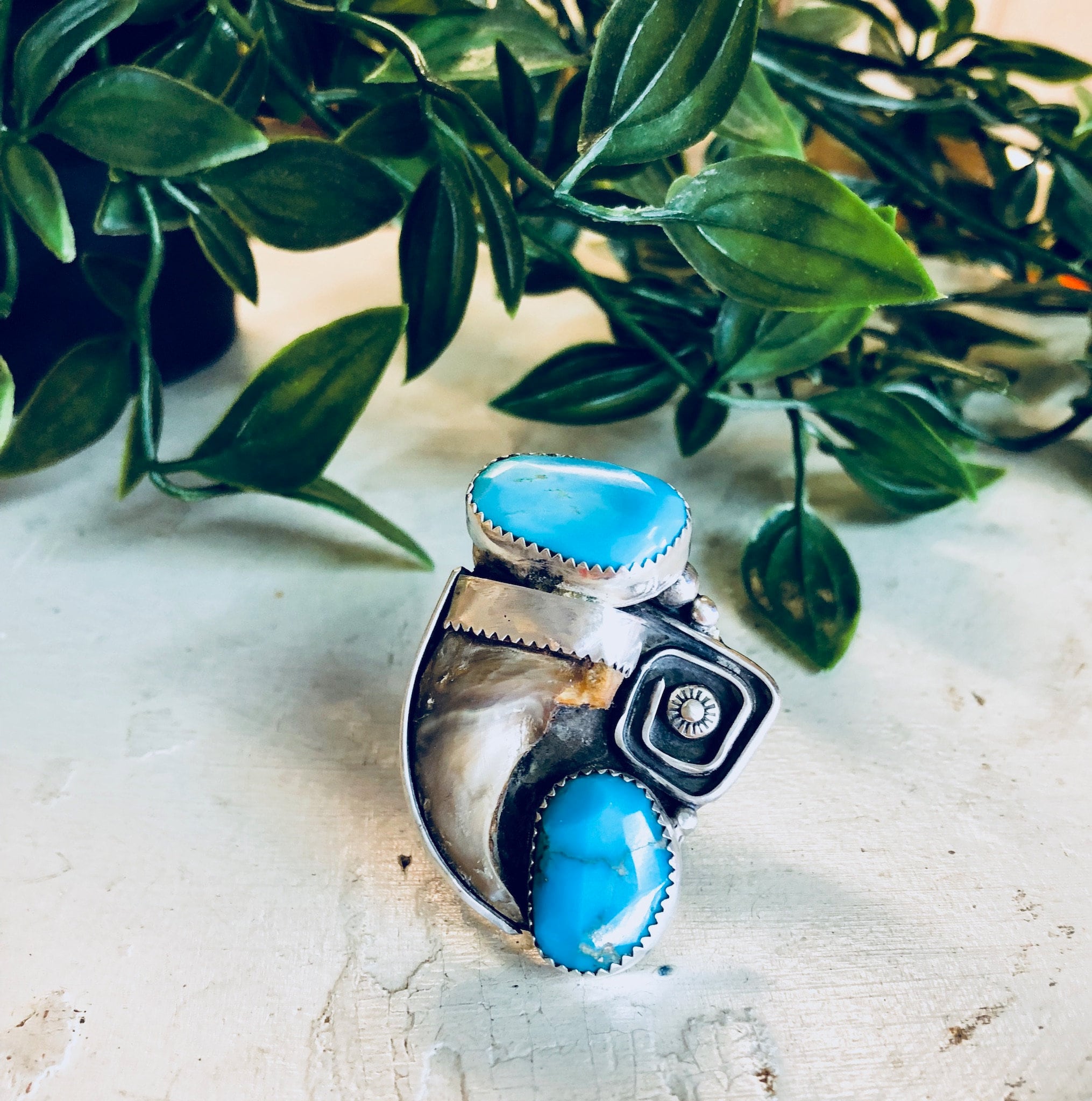 Vintage Silver Ring, Turquoise Ring, Horn Ring, Southwestern Jewelry, Sterling Silver, Vintage Jewelry, Large Ring, Statement Jewelry, Blue