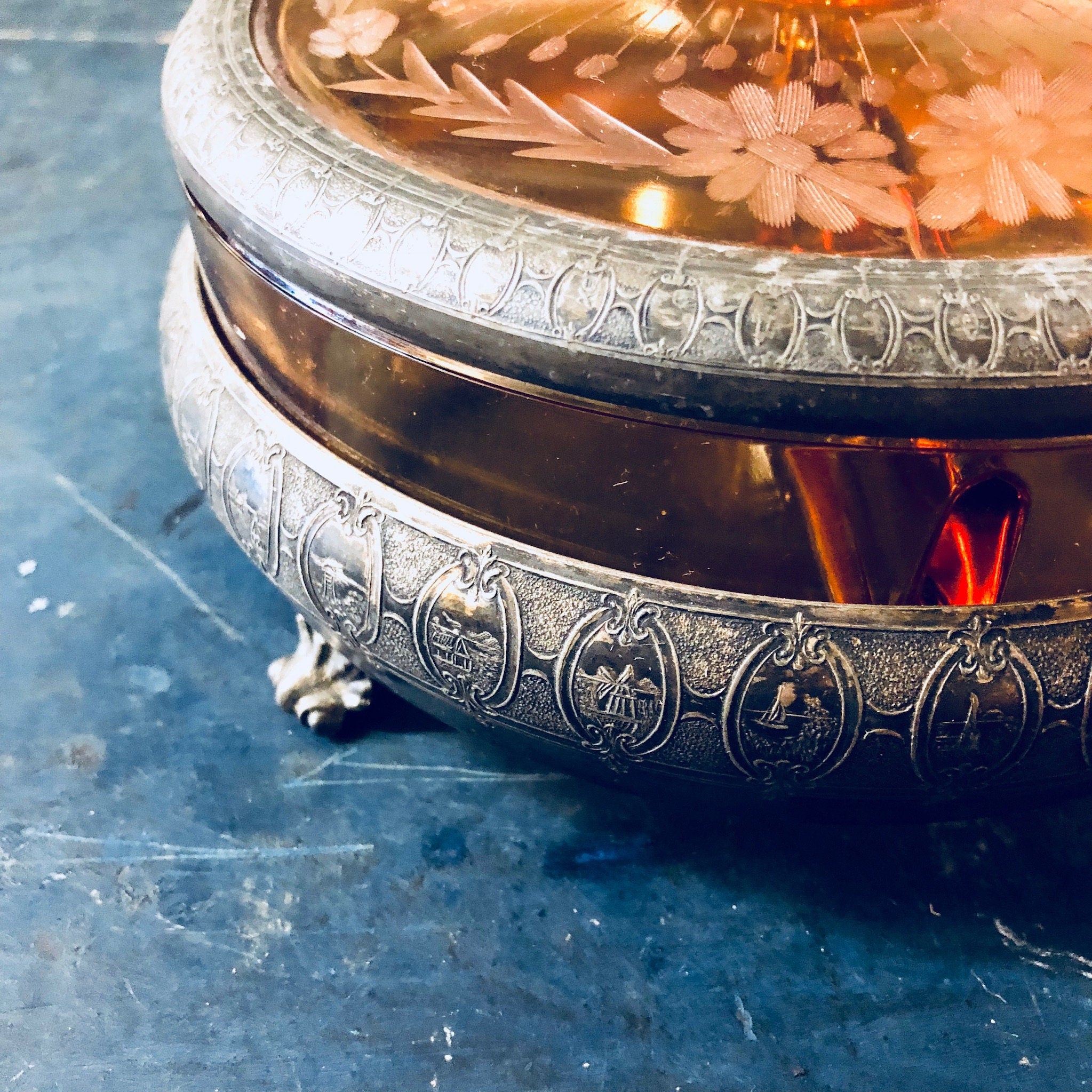 Vintage Candy Dish, Lidded Candy Dish, Glass Jewelry Box, Orange Glass, Etched Glass Dish, Fleur De Lis, Silver Tone, Floral Etching,Vintage