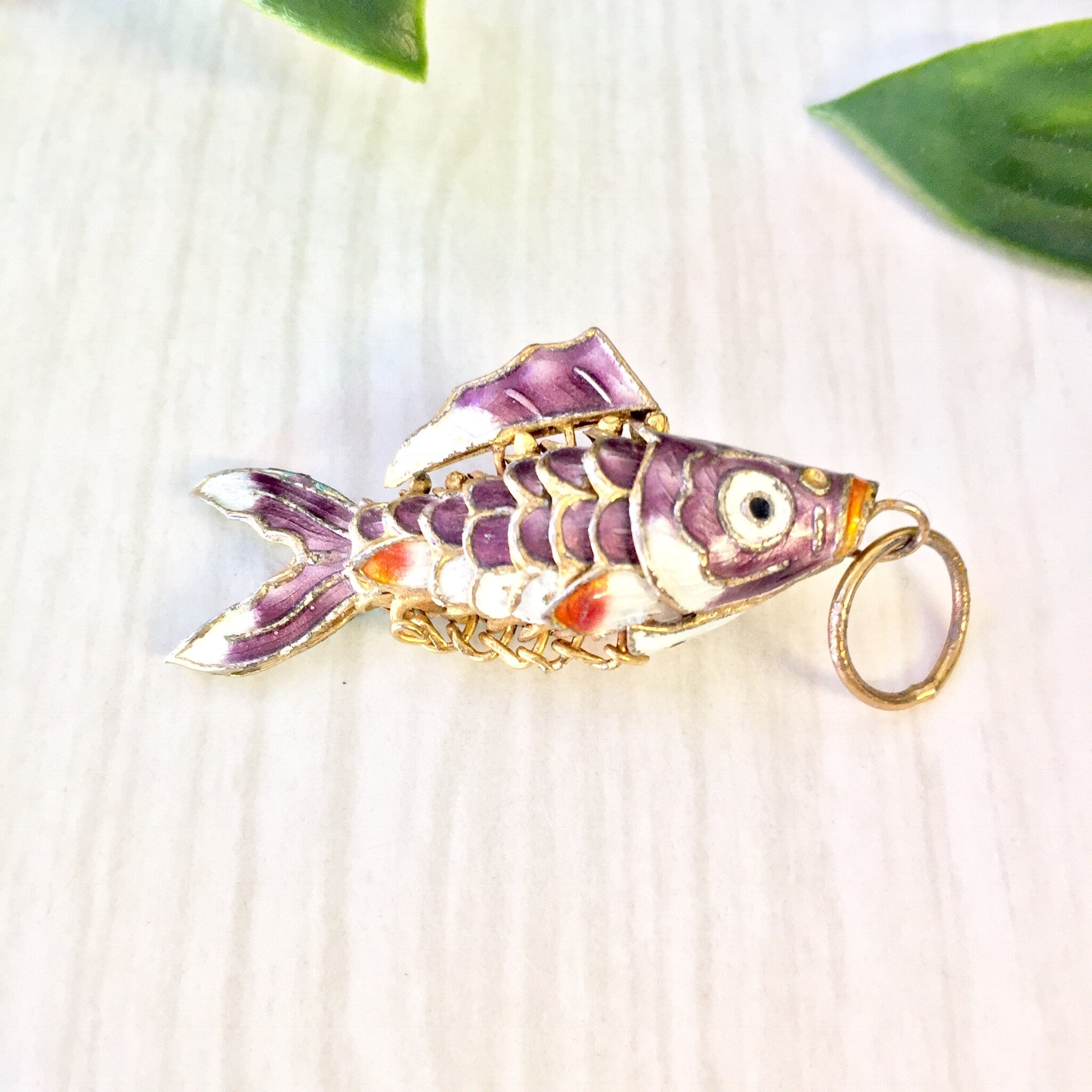 Vintage Fish Pendant, Vintage Pendant, Fish Pendant, Costume Jewelry, Statement Jewelry, Fish, Gold Toned Jewelry, Purple, Red, Gold, White