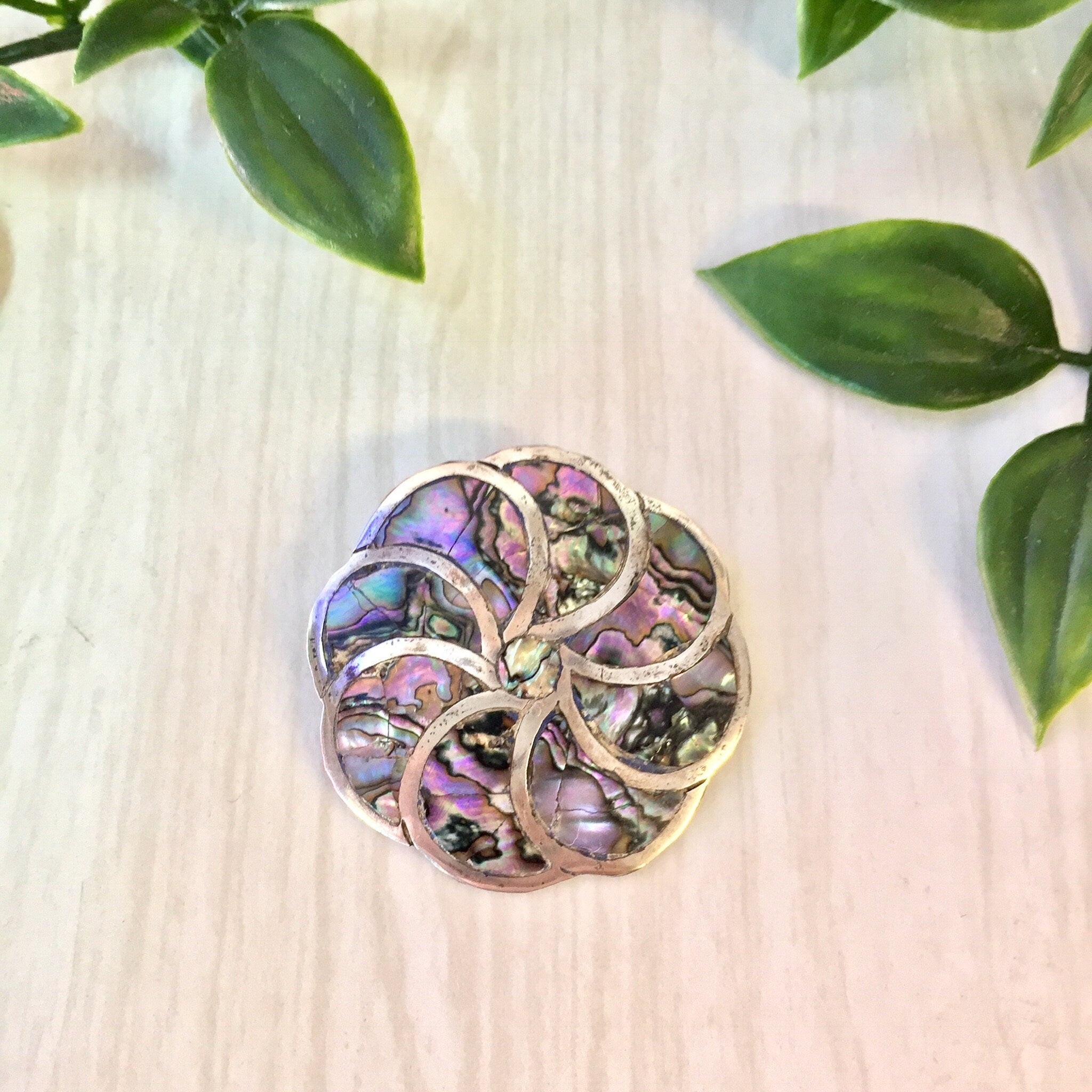 Vintage Silver Brooch, Abalone Brooch, Sterling Silver, Vintage Jewelry, Abalone and Silver, Spiral Brooch, Round Brooch, Purple, Blue,Green