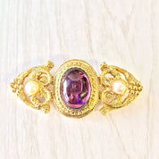 Vintage Gold Brooch, Gold Toned Brooch, Costume Jewelry, Statement Jewelry, Vintage Jewelry, Purple Stone, Faux Pearls, Victorian Style,
