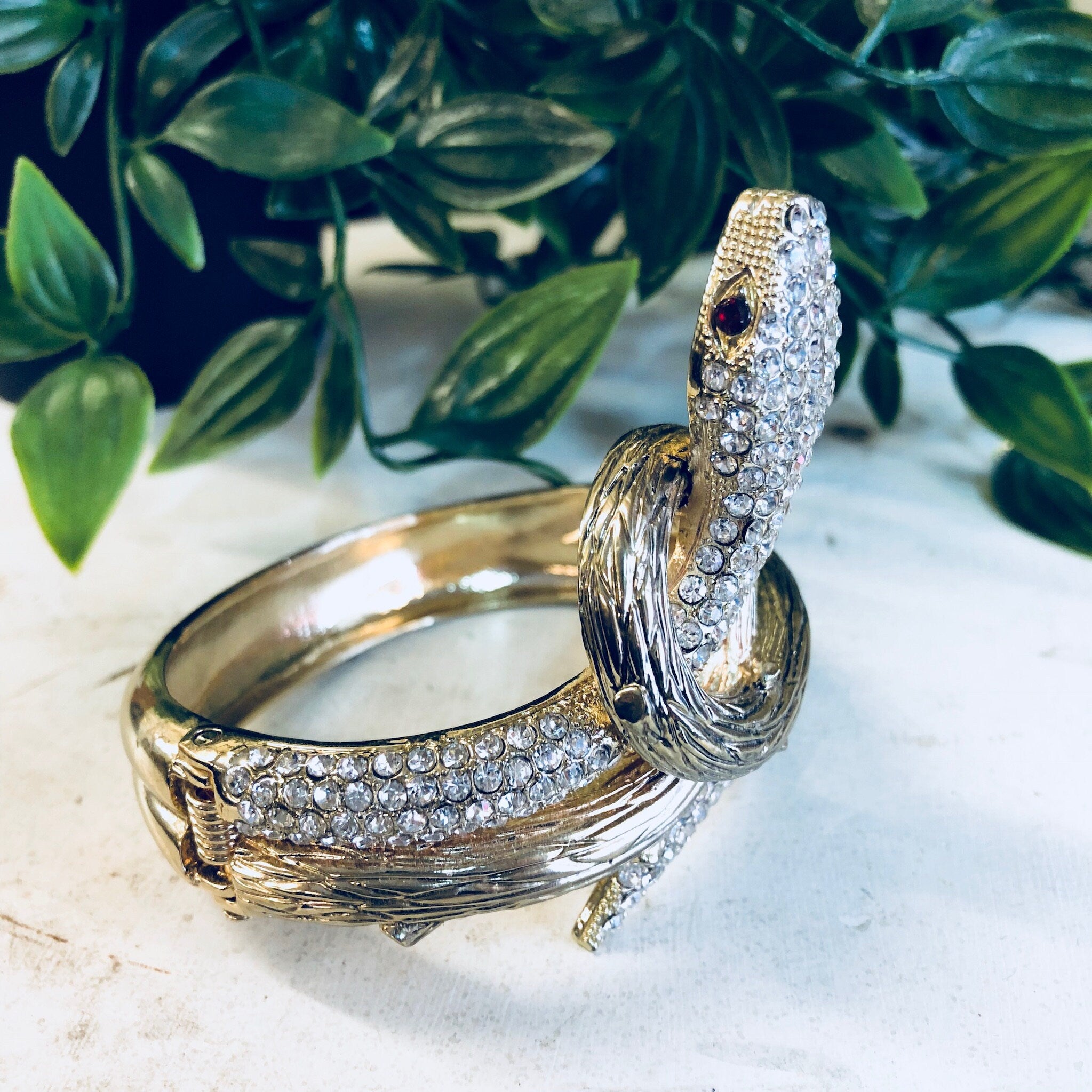 Snake Bracelet, Vintage Bracelet, Hinged Bracelet, Rhinestone Jewelry, Cuff, Gold Toned Jewelry, Vintage Jewelry, Costume Jewelry, Snake