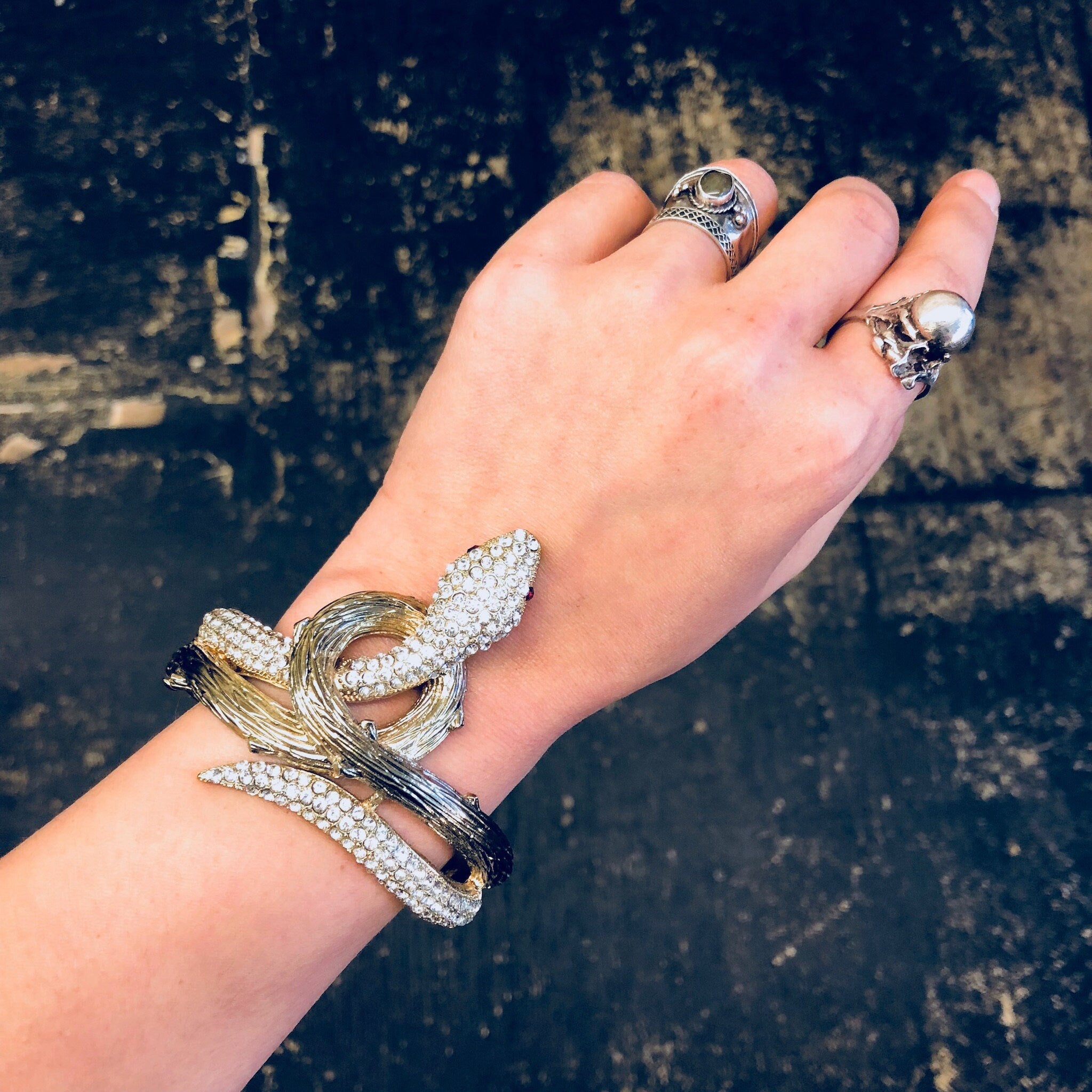 Snake Bracelet, Vintage Bracelet, Hinged Bracelet, Rhinestone Jewelry, Cuff, Gold Toned Jewelry, Vintage Jewelry, Costume Jewelry, Snake