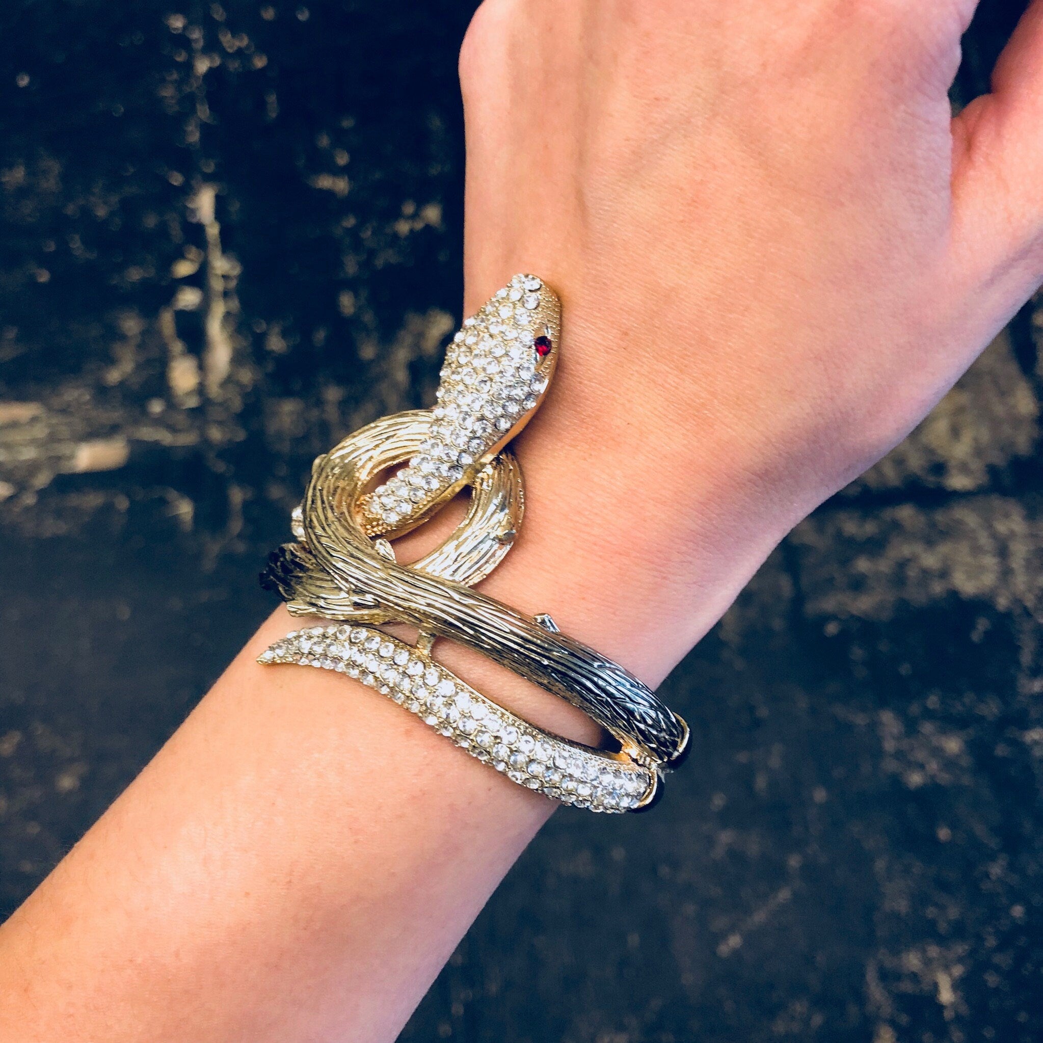 Snake Bracelet, Vintage Bracelet, Hinged Bracelet, Rhinestone Jewelry, Cuff, Gold Toned Jewelry, Vintage Jewelry, Costume Jewelry, Snake