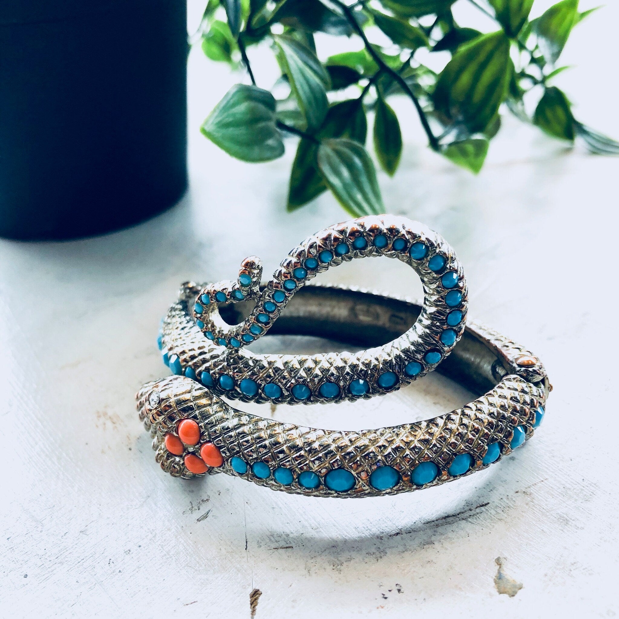 Graziano Snake Bracelet, Graziano, Beaded Jewelry, Vintage Jewelry, Costume Jewelry, Gold Toned Jewelry, Hinged Bracelet, Blue, Orange, Gold