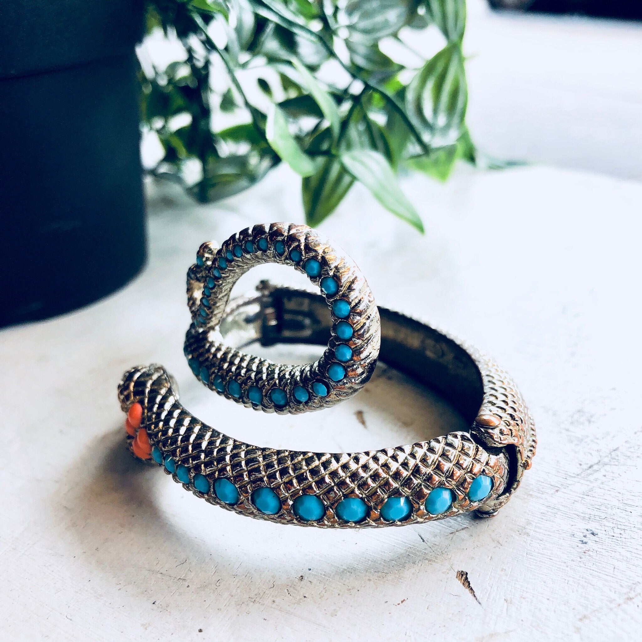 Graziano Snake Bracelet, Graziano, Beaded Jewelry, Vintage Jewelry, Costume Jewelry, Gold Toned Jewelry, Hinged Bracelet, Blue, Orange, Gold