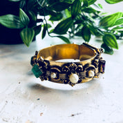 Vintage Bracelet, Gold Toned Bracelet, Beaded Bracelet, Vintage Jewelry, Hinged Bracelet, Statement Jewelry, Picture Bracelet, Purple, Green