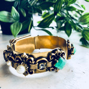 Vintage Bracelet, Gold Toned Bracelet, Beaded Bracelet, Vintage Jewelry, Hinged Bracelet, Statement Jewelry, Picture Bracelet, Purple, Green