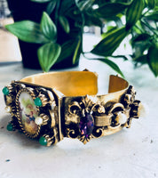 Vintage Bracelet, Gold Toned Bracelet, Beaded Bracelet, Vintage Jewelry, Hinged Bracelet, Statement Jewelry, Picture Bracelet, Purple, Green
