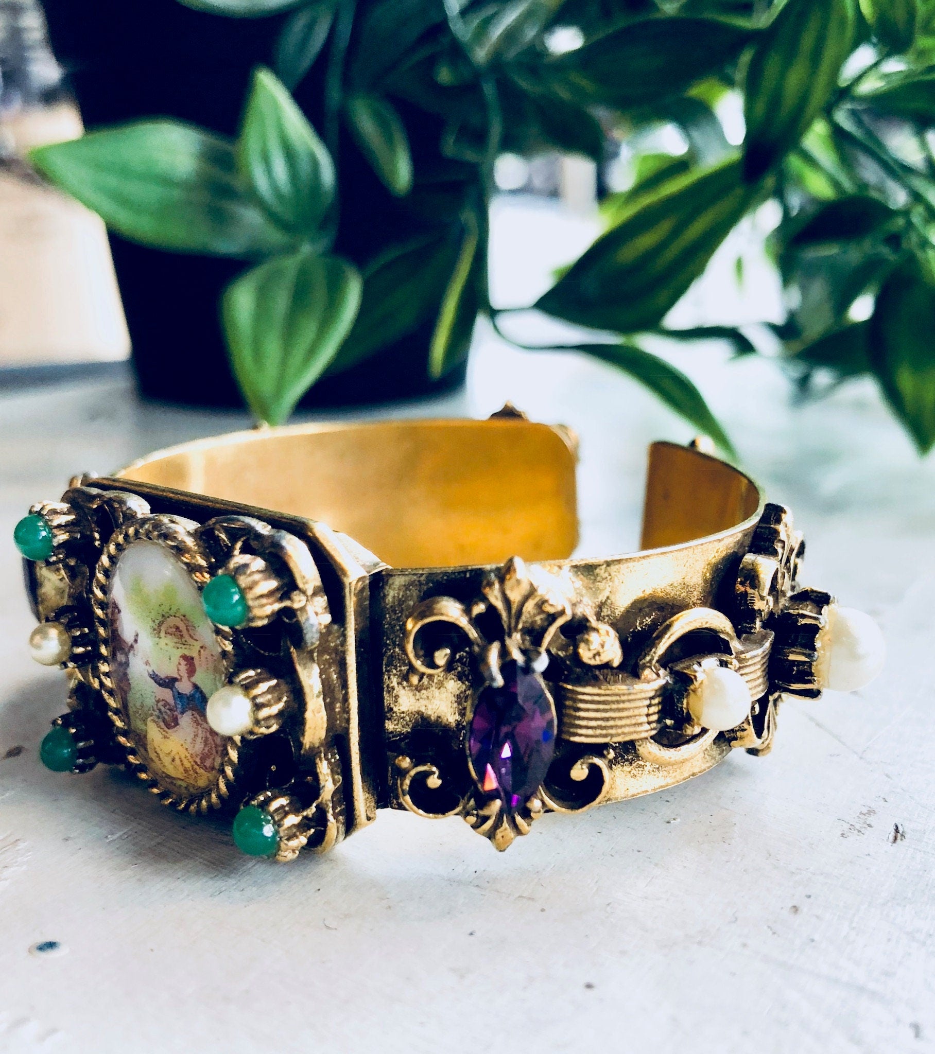 Vintage Bracelet, Gold Toned Bracelet, Beaded Bracelet, Vintage Jewelry, Hinged Bracelet, Statement Jewelry, Picture Bracelet, Purple, Green