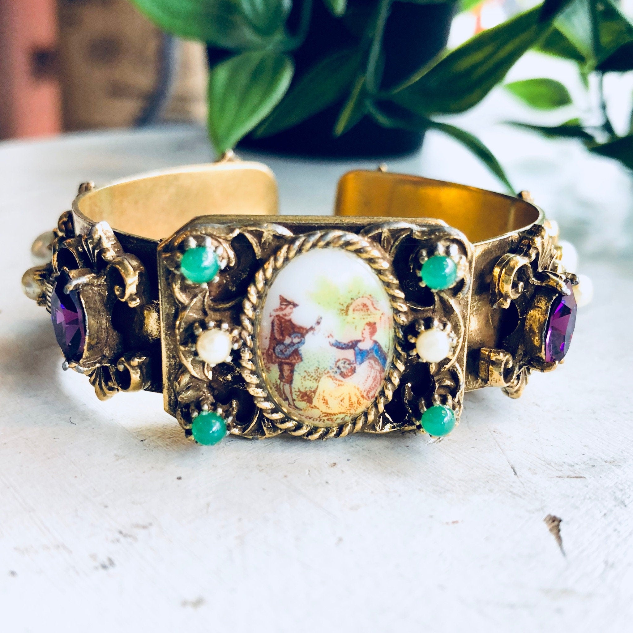 Vintage Bracelet, Gold Toned Bracelet, Beaded Bracelet, Vintage Jewelry, Hinged Bracelet, Statement Jewelry, Picture Bracelet, Purple, Green