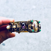 Vintage Bracelet, Gold Toned Bracelet, Beaded Bracelet, Vintage Jewelry, Hinged Bracelet, Statement Jewelry, Picture Bracelet, Purple, Green