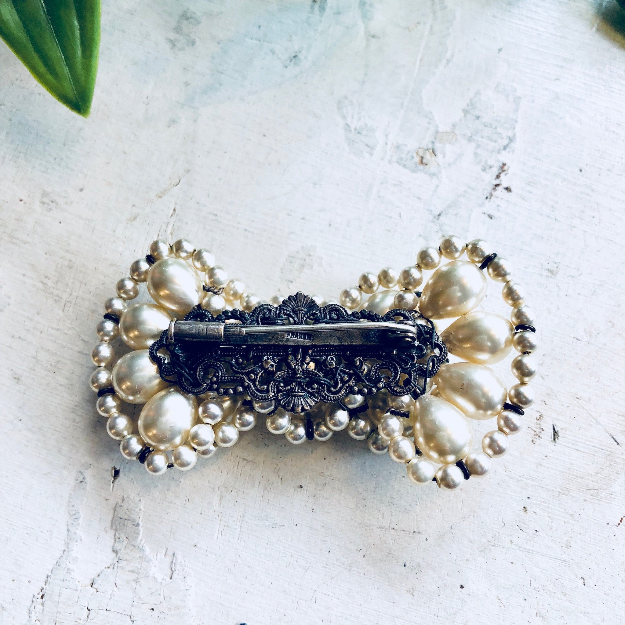 Vintage Brooch, Sterling Silver, Pearl Brooch, Bow Brooch, Bowtie, Vintage Jewelry, Faux Pearls, Made in France, Beaded Jewelry, Bow, Pin
