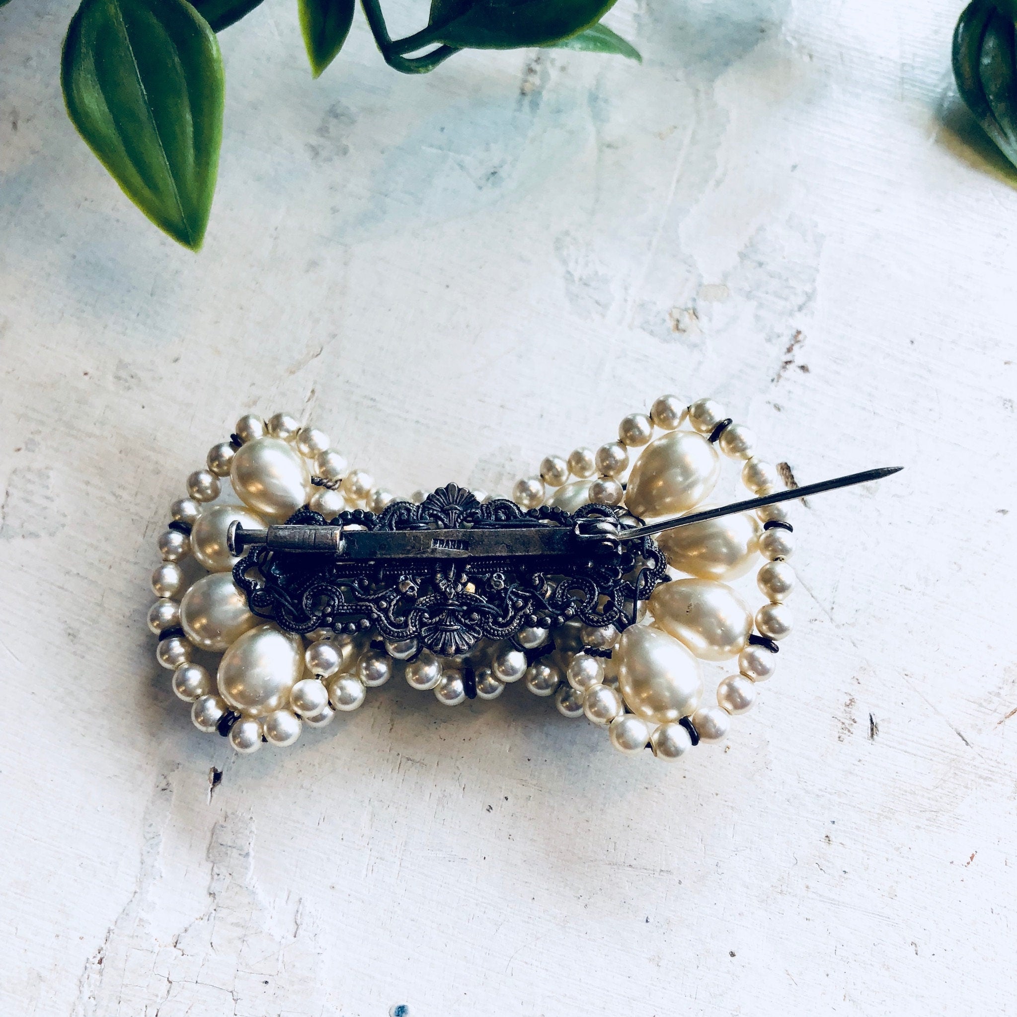 Vintage Brooch, Sterling Silver, Pearl Brooch, Bow Brooch, Bowtie, Vintage Jewelry, Faux Pearls, Made in France, Beaded Jewelry, Bow, Pin