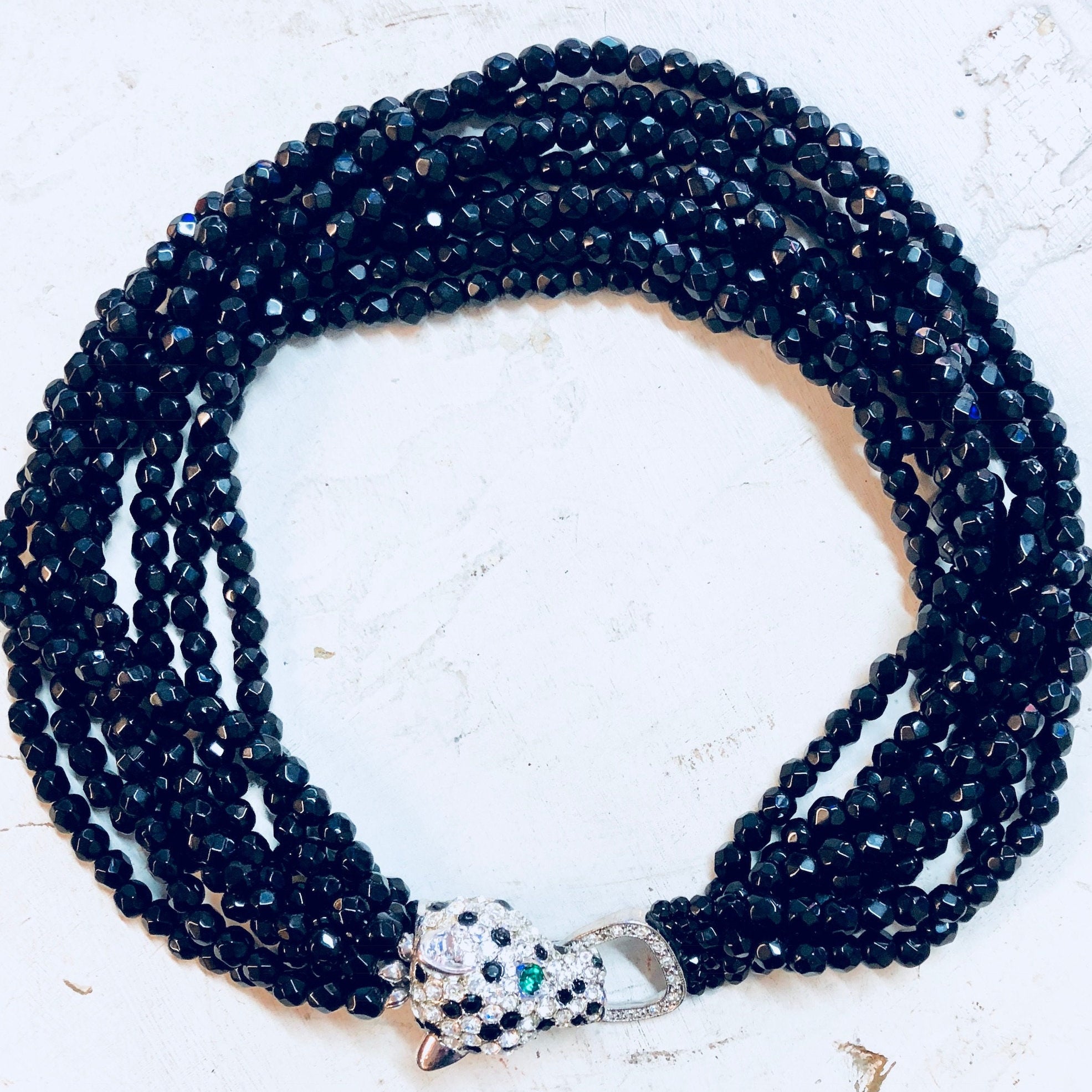 Kenneth Jay Lane, KJL Choker, KJL For Avon, Panther Necklace, Rhinestones, Multistranded Necklace, Beaded Necklace, Torsade Necklace, Black