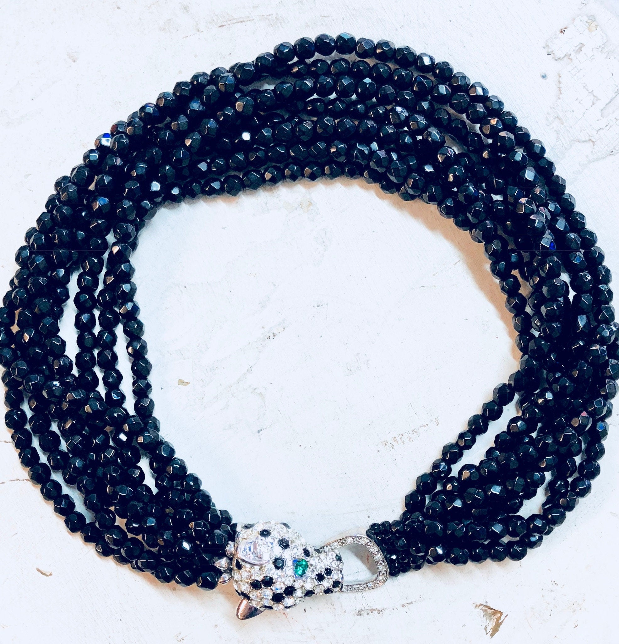 Kenneth Jay Lane, KJL Choker, KJL For Avon, Panther Necklace, Rhinestones, Multistranded Necklace, Beaded Necklace, Torsade Necklace, Black