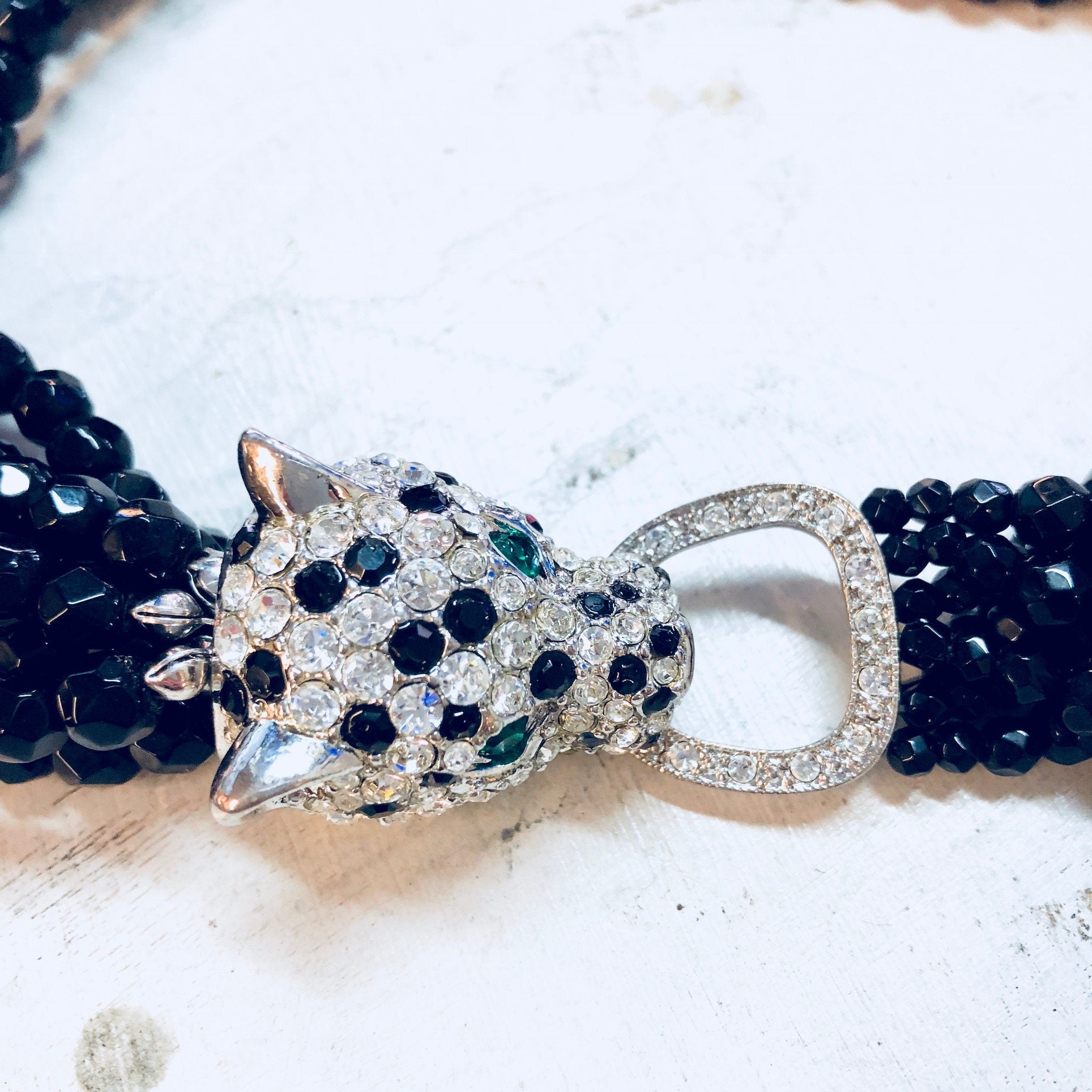 Kenneth Jay Lane, KJL Choker, KJL For Avon, Panther Necklace, Rhinestones, Multistranded Necklace, Beaded Necklace, Torsade Necklace, Black