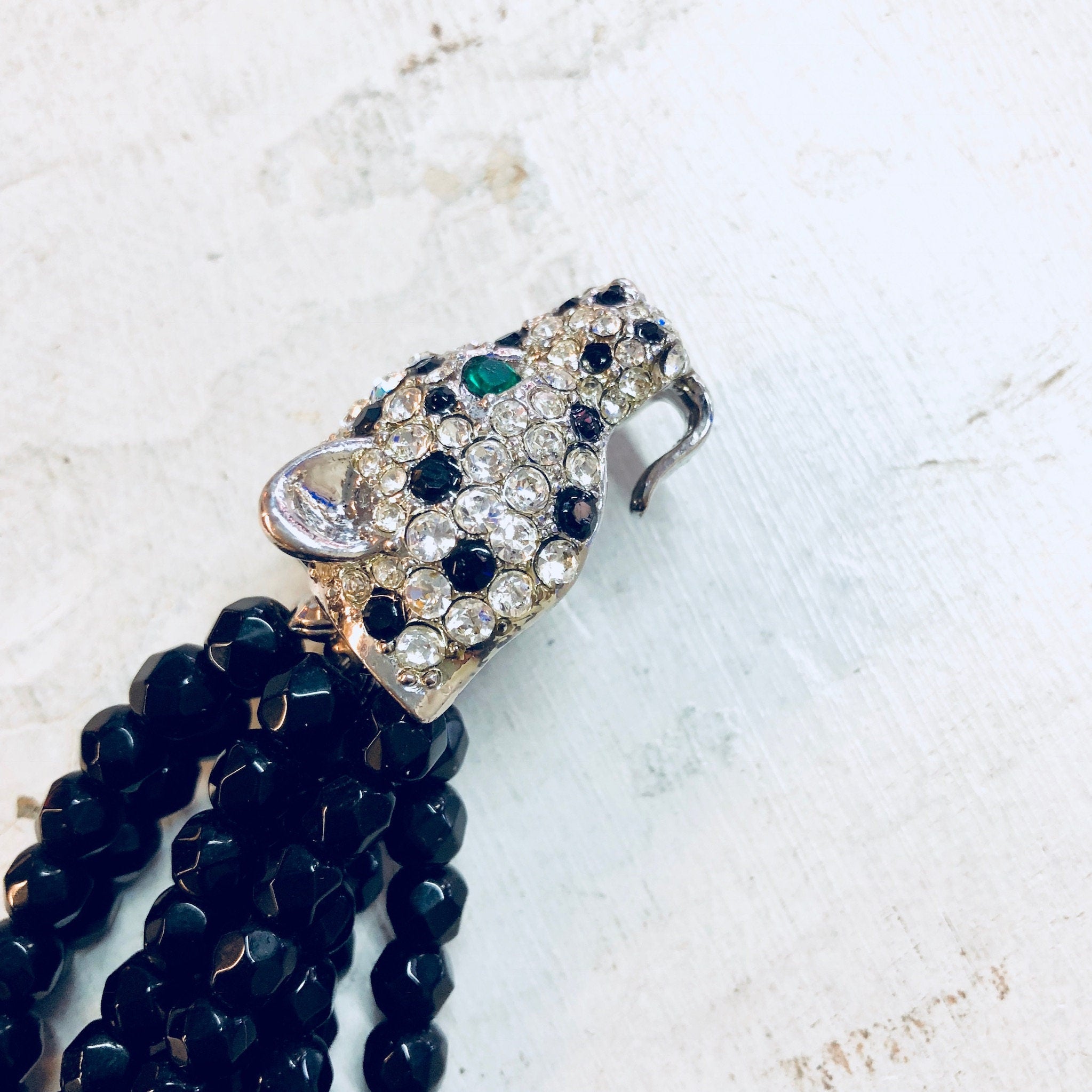 Kenneth Jay Lane, KJL Choker, KJL For Avon, Panther Necklace, Rhinestones, Multistranded Necklace, Beaded Necklace, Torsade Necklace, Black