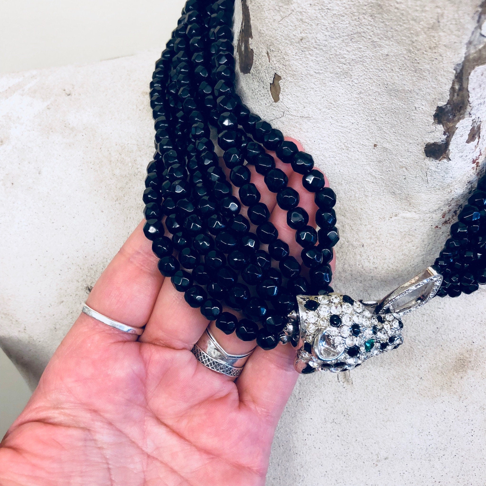 Kenneth Jay Lane, KJL Choker, KJL For Avon, Panther Necklace, Rhinestones, Multistranded Necklace, Beaded Necklace, Torsade Necklace, Black