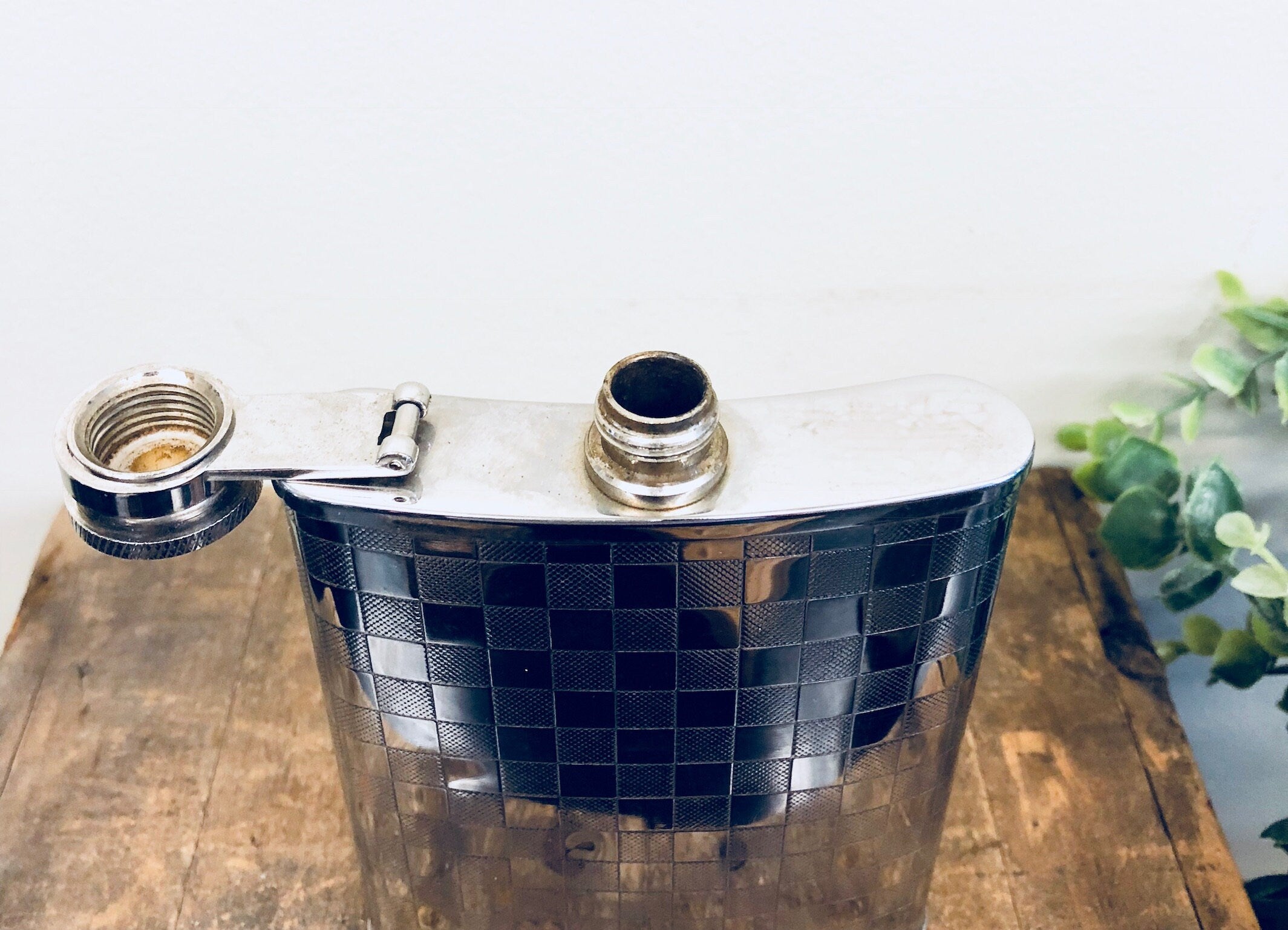 Vintage Flask, Stainless Steel, Vintage Barware, Flask, Booze, Whisky, Spirits, 6 Ounce Flask, Checkered Pattern, Retro, Whiskey Flask