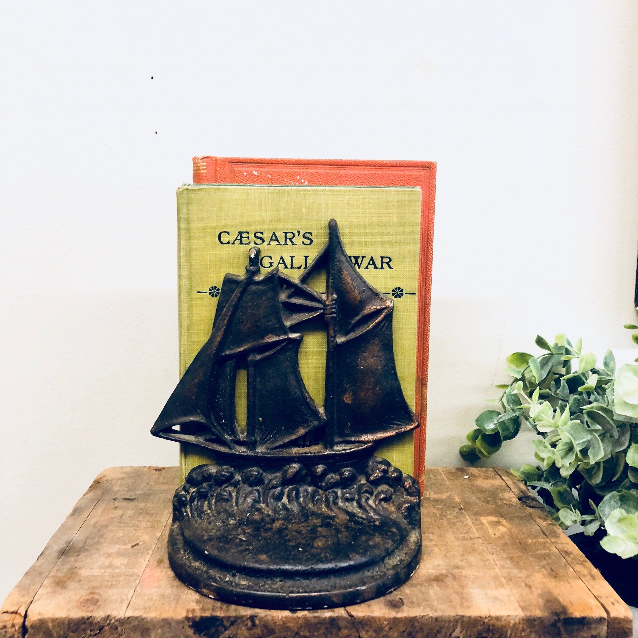 Vintage Bookends, Sailboat Bookends, Iron Bookends, Library, Books, Sailing, Boats, Mantlepiece, Vintage Home Decor, Nautical, Ship, Patina