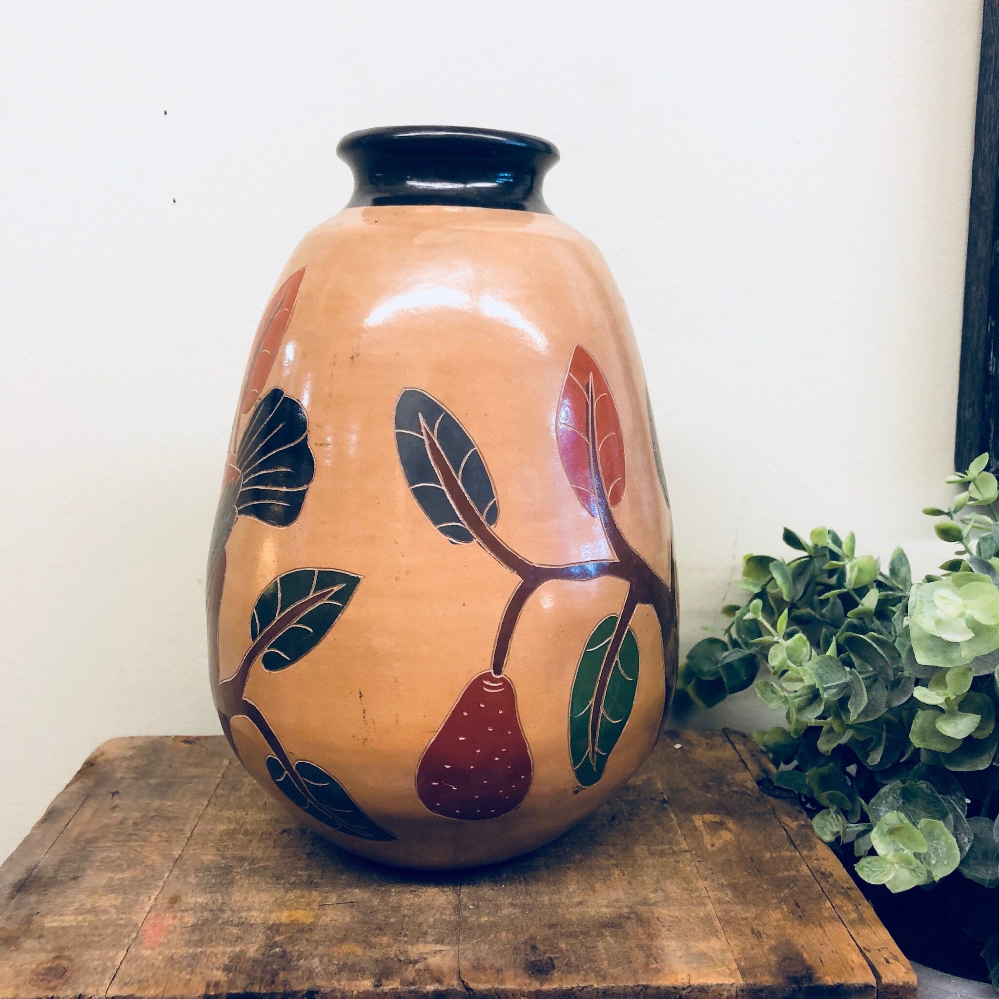 Vintage Pottery, Vintage Vase, Vintage Home Decor, Birds, Leaves, Branches, Hand Painted, Centerpiece, Handmade Vase, Rustic Decor,Lovebirds
