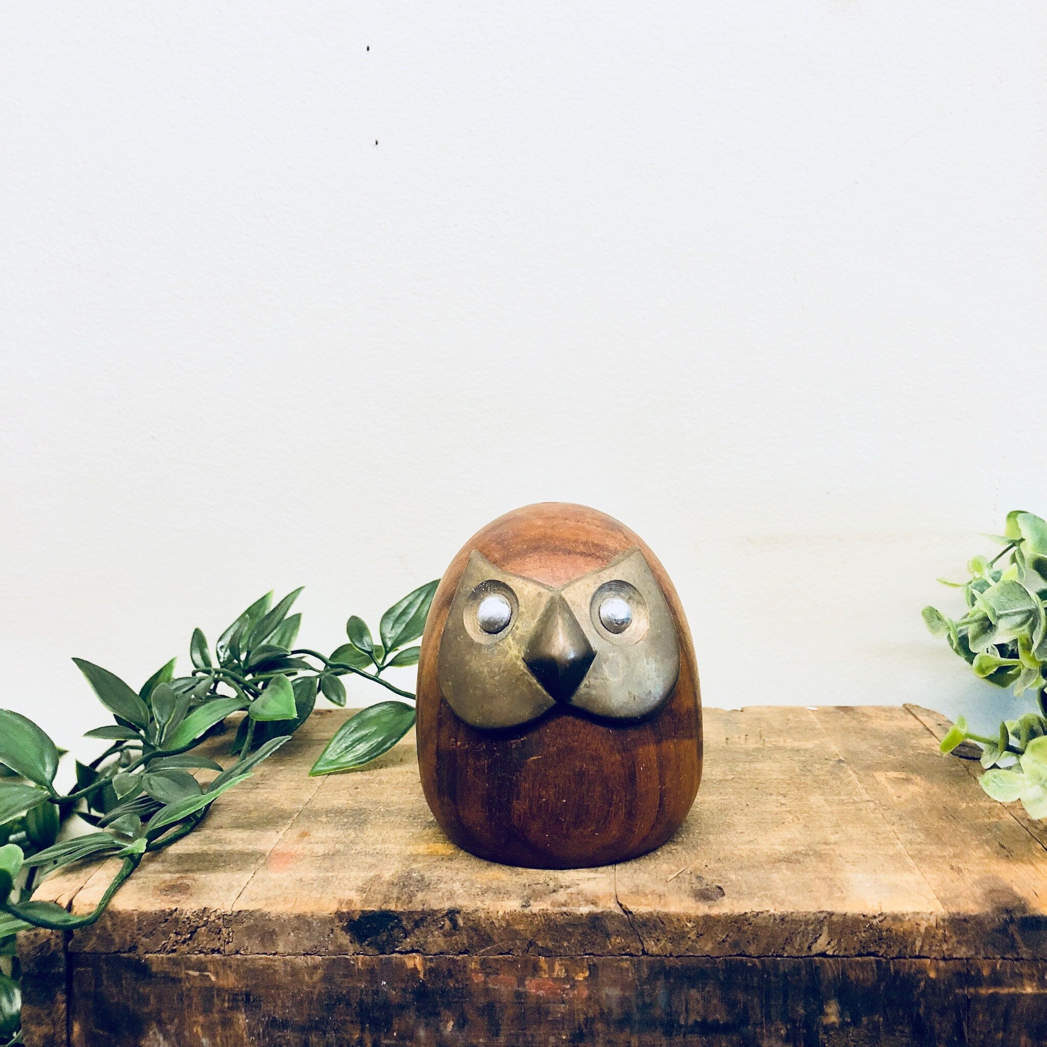 Wooden Owl, Brass Owl, Wood and Brass, Paperweight, Vintage Home Decor, Vintage Figurine, Animal Figurine, Animal Decor, Owl, Bird, Trinket