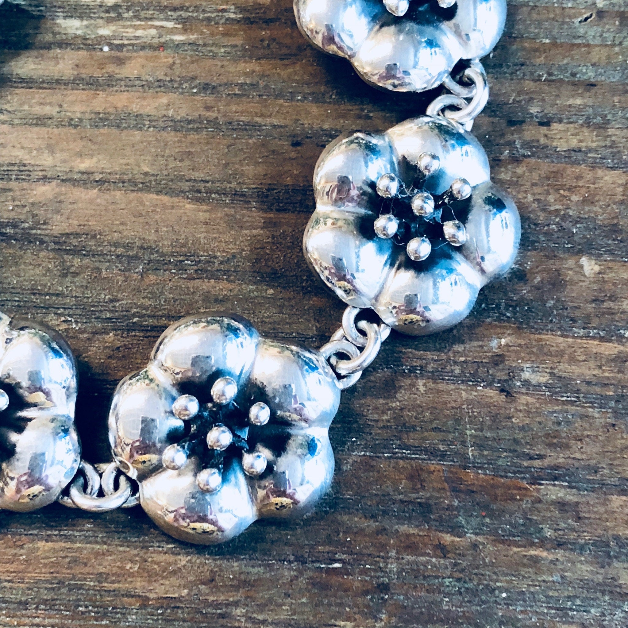 Vintage Silver Bracelet, DDD Bracelet, Dinouart Jewelry, Dominique Dinouart, Sterling Silver, Flower Bracelet, Floral Jewelry, Link Bracelet