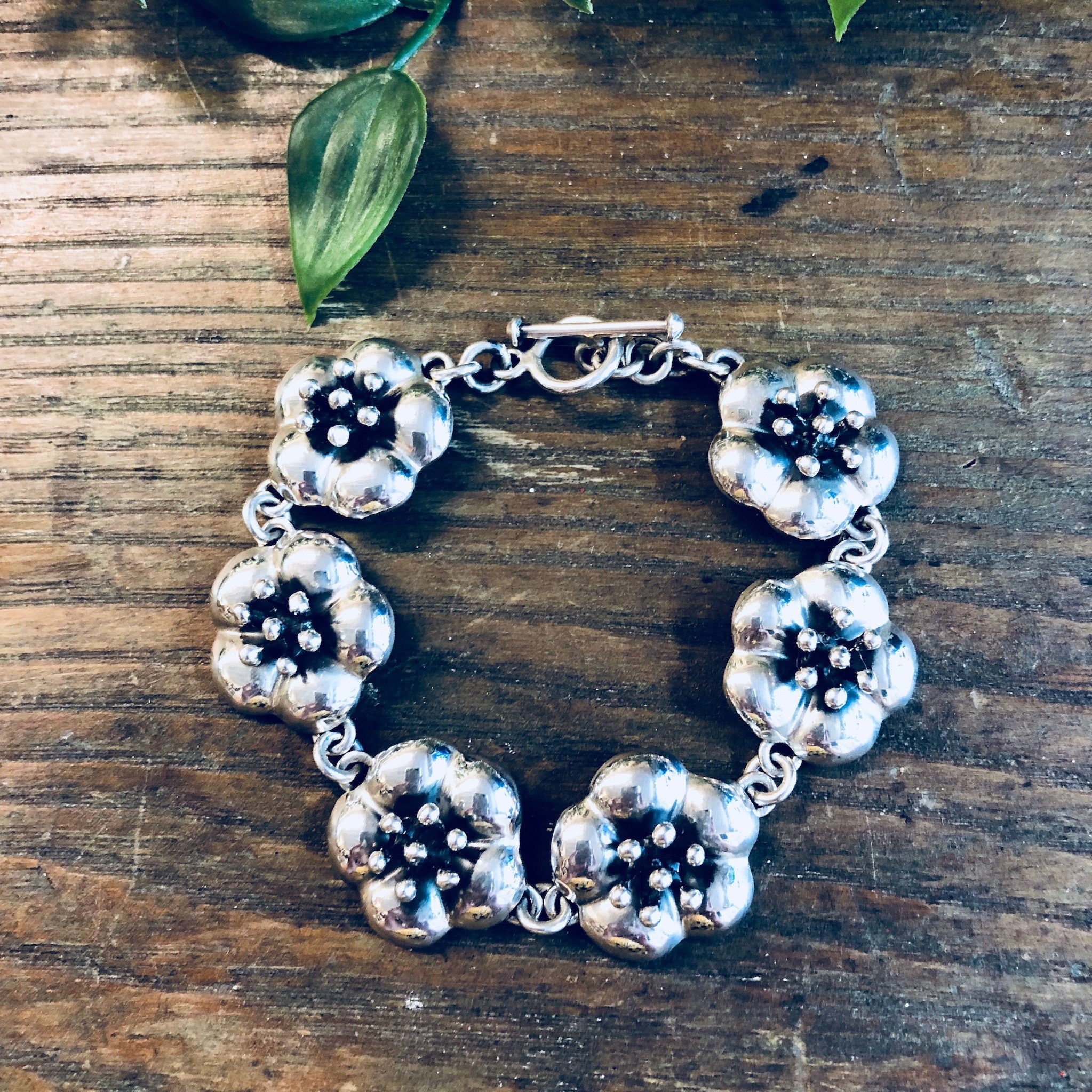 Vintage Silver Bracelet, DDD Bracelet, Dinouart Jewelry, Dominique Dinouart, Sterling Silver, Flower Bracelet, Floral Jewelry, Link Bracelet