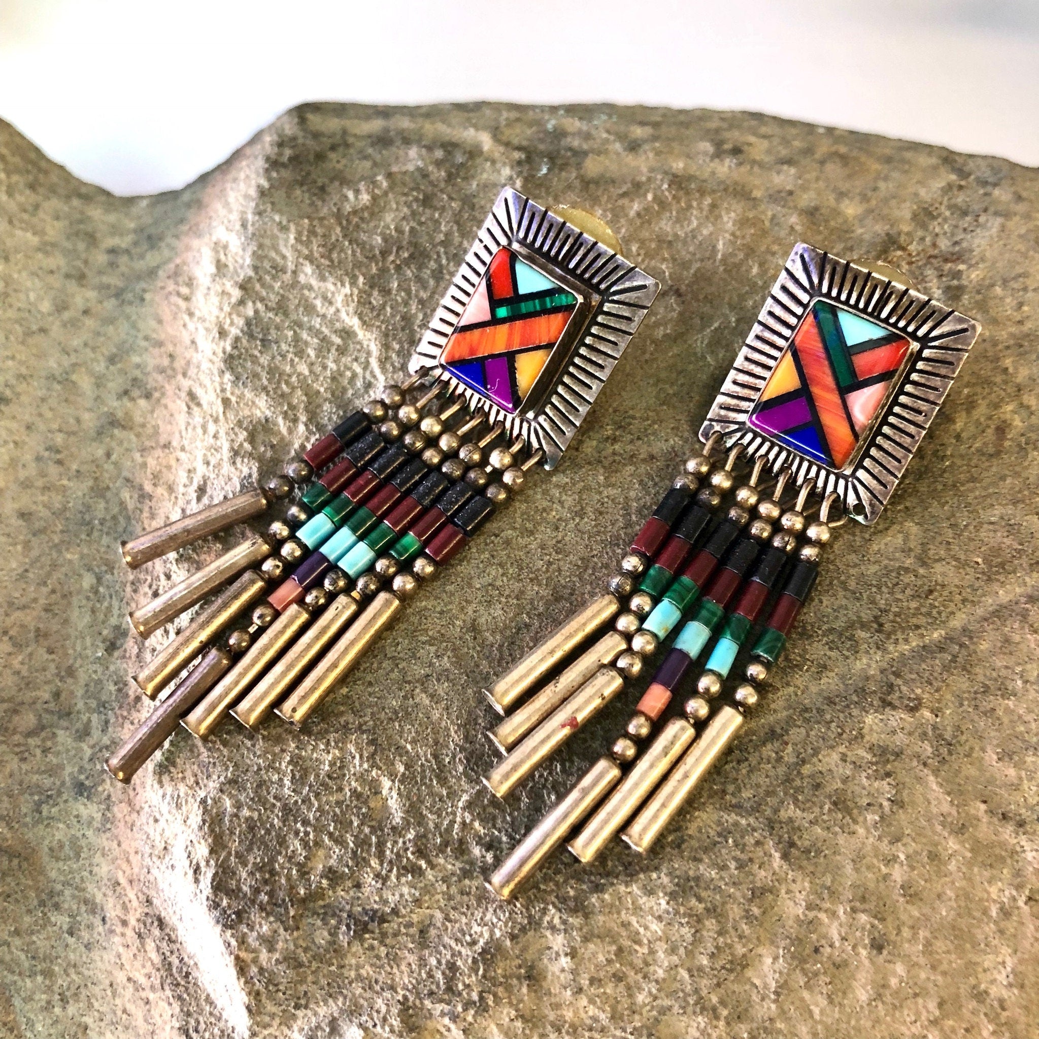 Vintage Silver Earrings, Sterling Silver, Vintage Jewelry, Vintage Earrings, Inlaid Stone, Beaded Earrings, Beaded Jewelry, Turquoise, Coral