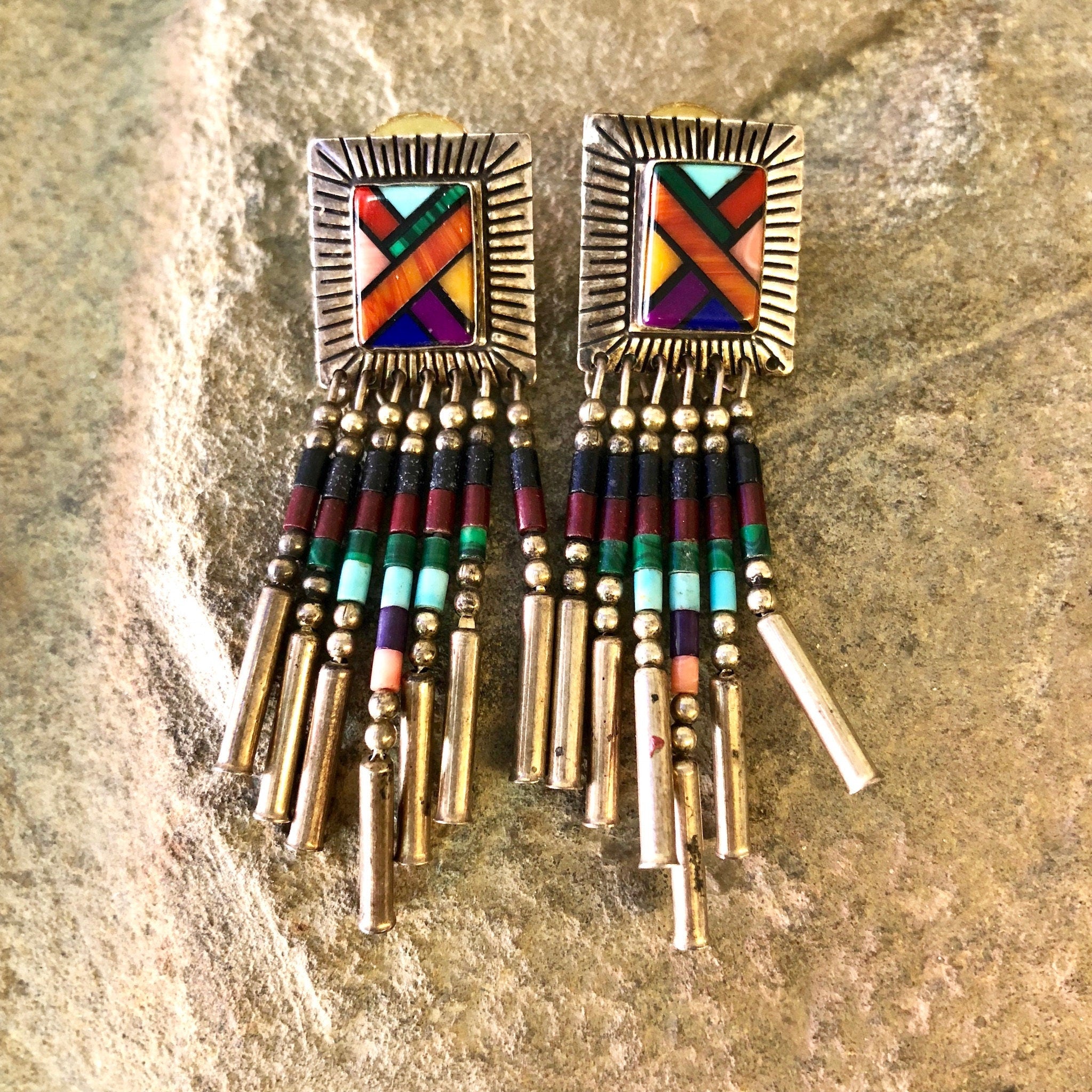 Vintage Silver Earrings, Sterling Silver, Vintage Jewelry, Vintage Earrings, Inlaid Stone, Beaded Earrings, Beaded Jewelry, Turquoise, Coral