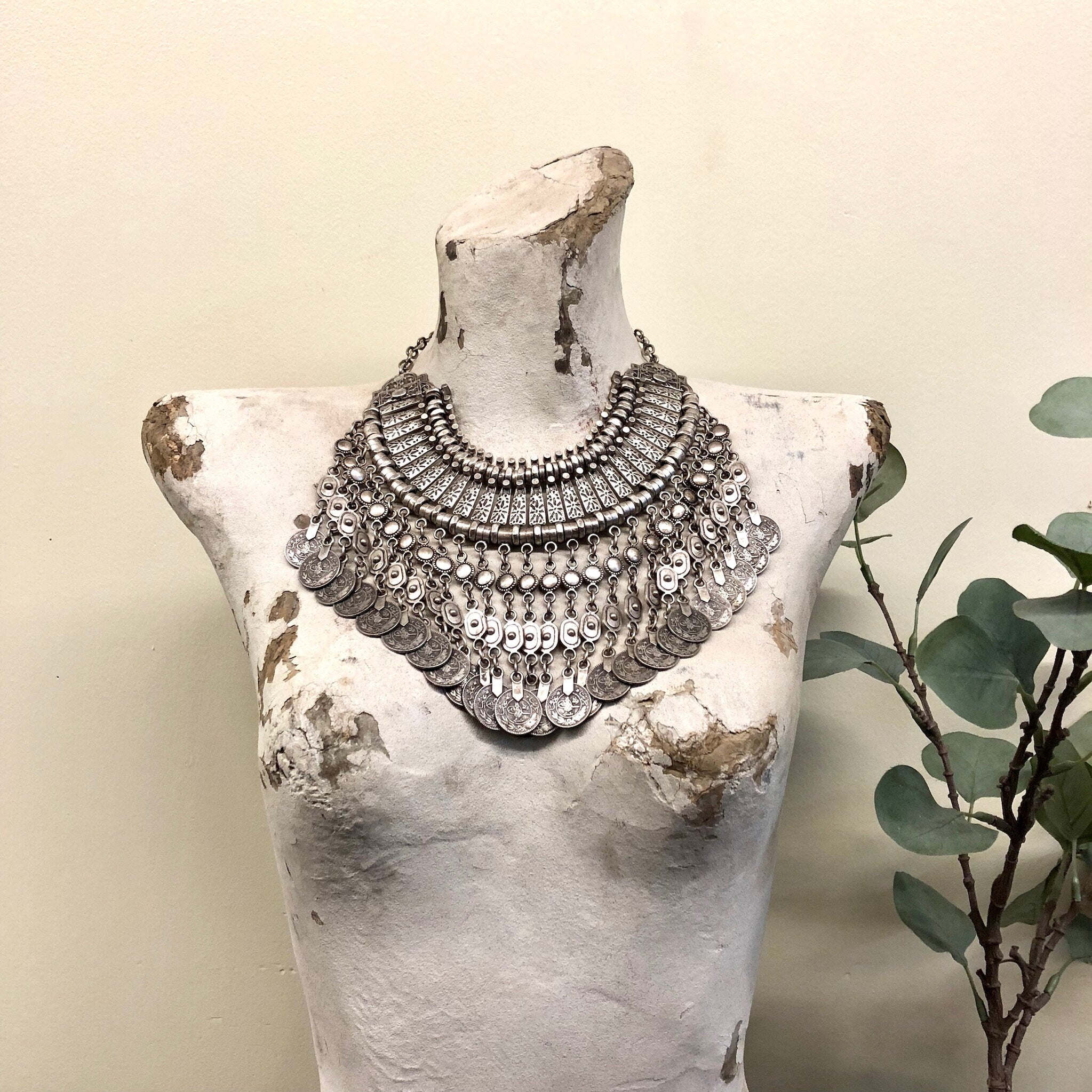 Vintage Necklace, Ottoman Empire Coin, Coin Jewlery, Statement Necklace, Vintage Jewelry, Silver Tone Necklace, Nickel Jewelry, Collar, Bib