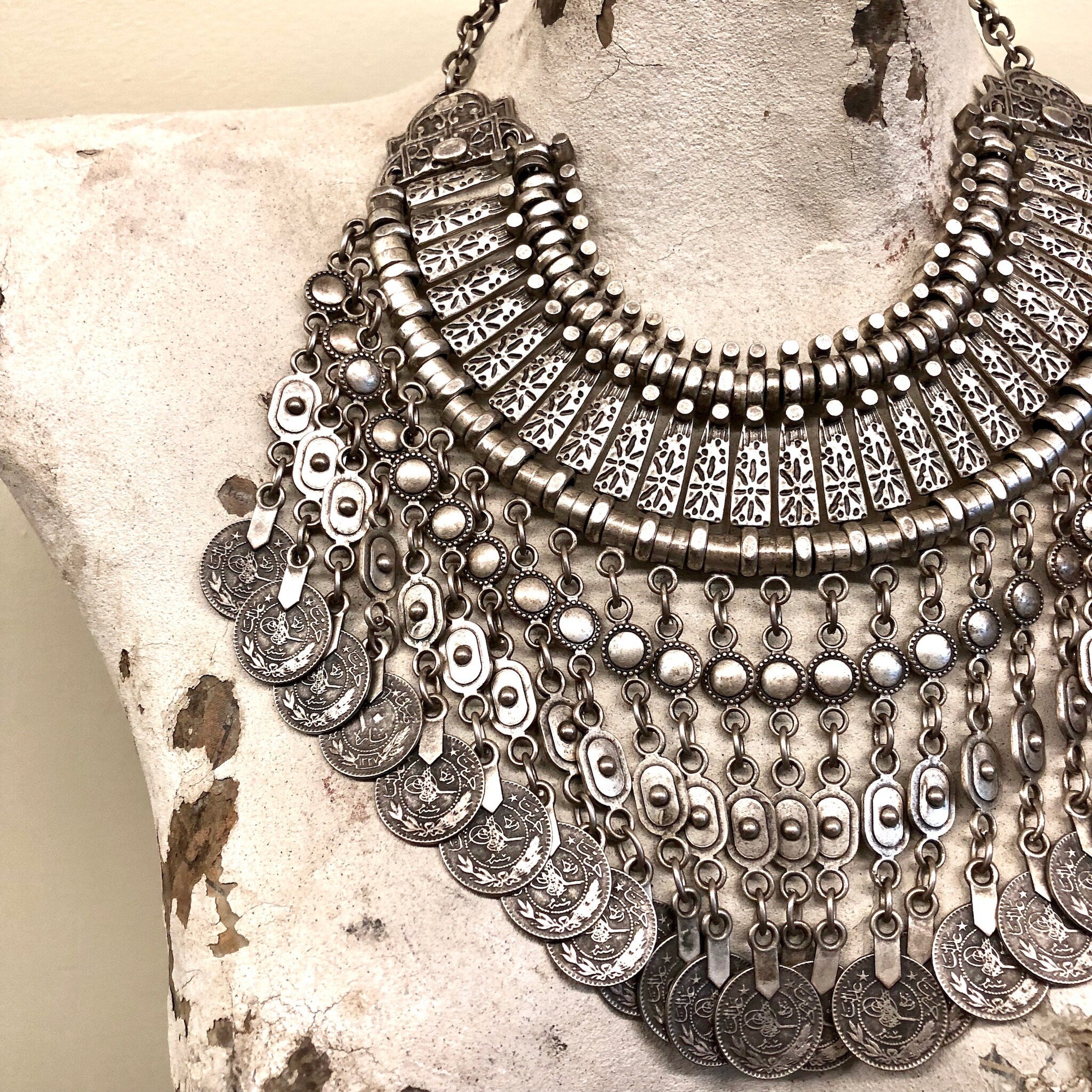 Vintage Necklace, Ottoman Empire Coin, Coin Jewlery, Statement Necklace, Vintage Jewelry, Silver Tone Necklace, Nickel Jewelry, Collar, Bib