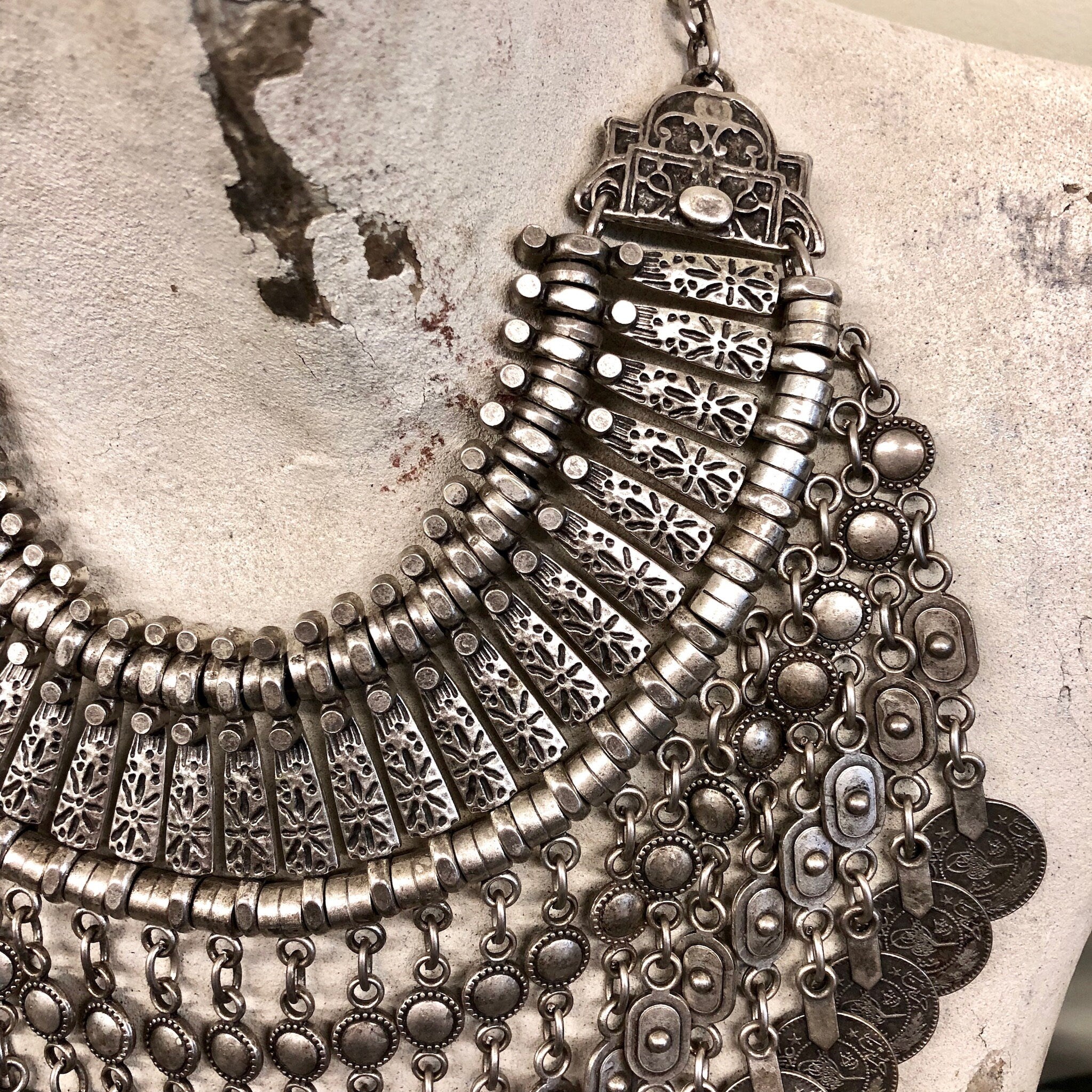 Vintage Necklace, Ottoman Empire Coin, Coin Jewlery, Statement Necklace, Vintage Jewelry, Silver Tone Necklace, Nickel Jewelry, Collar, Bib