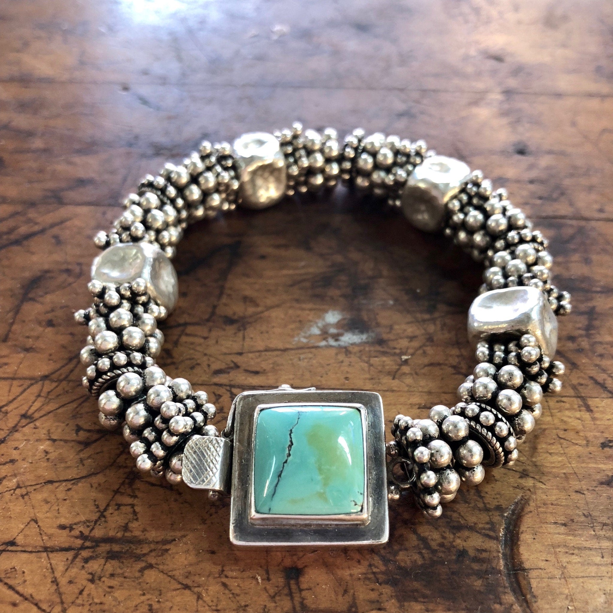 Vintage Silver Bracelet, Turquoise Bracelet, Beaded Bracelet, Statement Jewelry, Sterling Silver, Vintage Jewelry, Blue Turquoise, Green