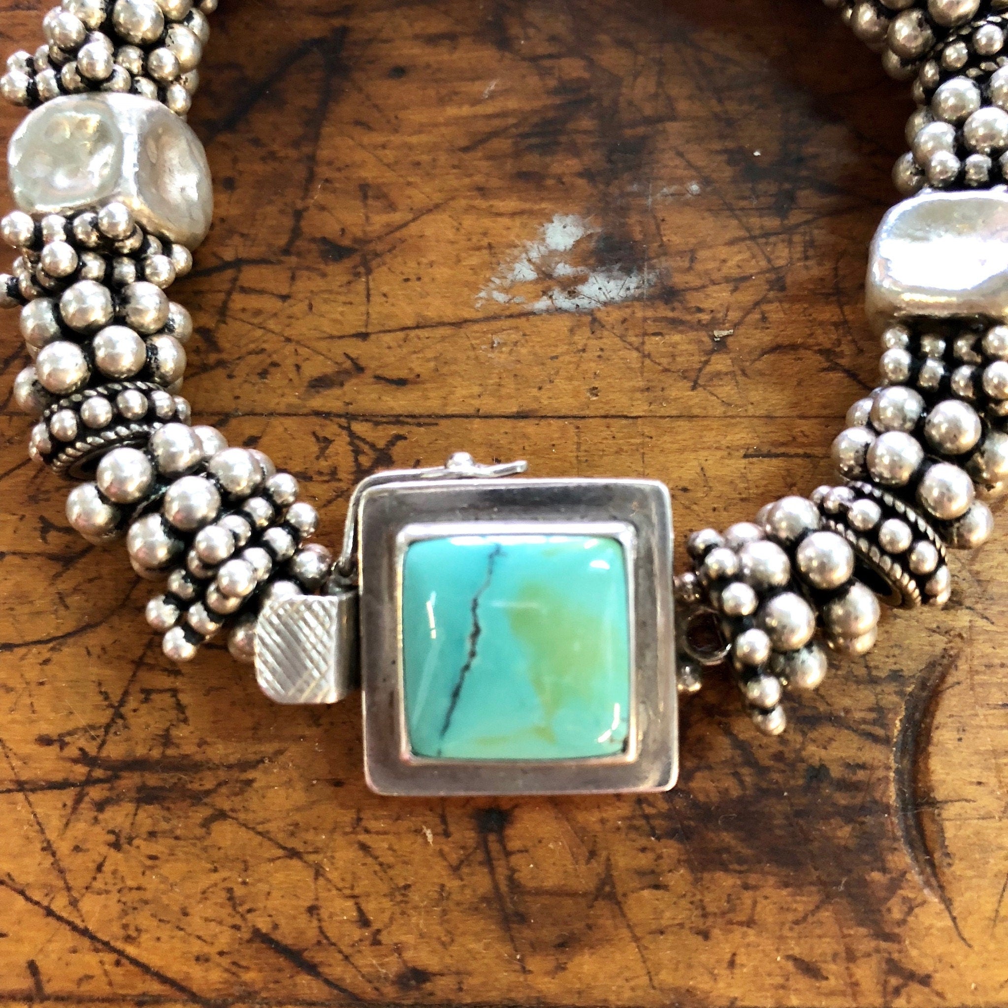 Vintage Silver Bracelet, Turquoise Bracelet, Beaded Bracelet, Statement Jewelry, Sterling Silver, Vintage Jewelry, Blue Turquoise, Green