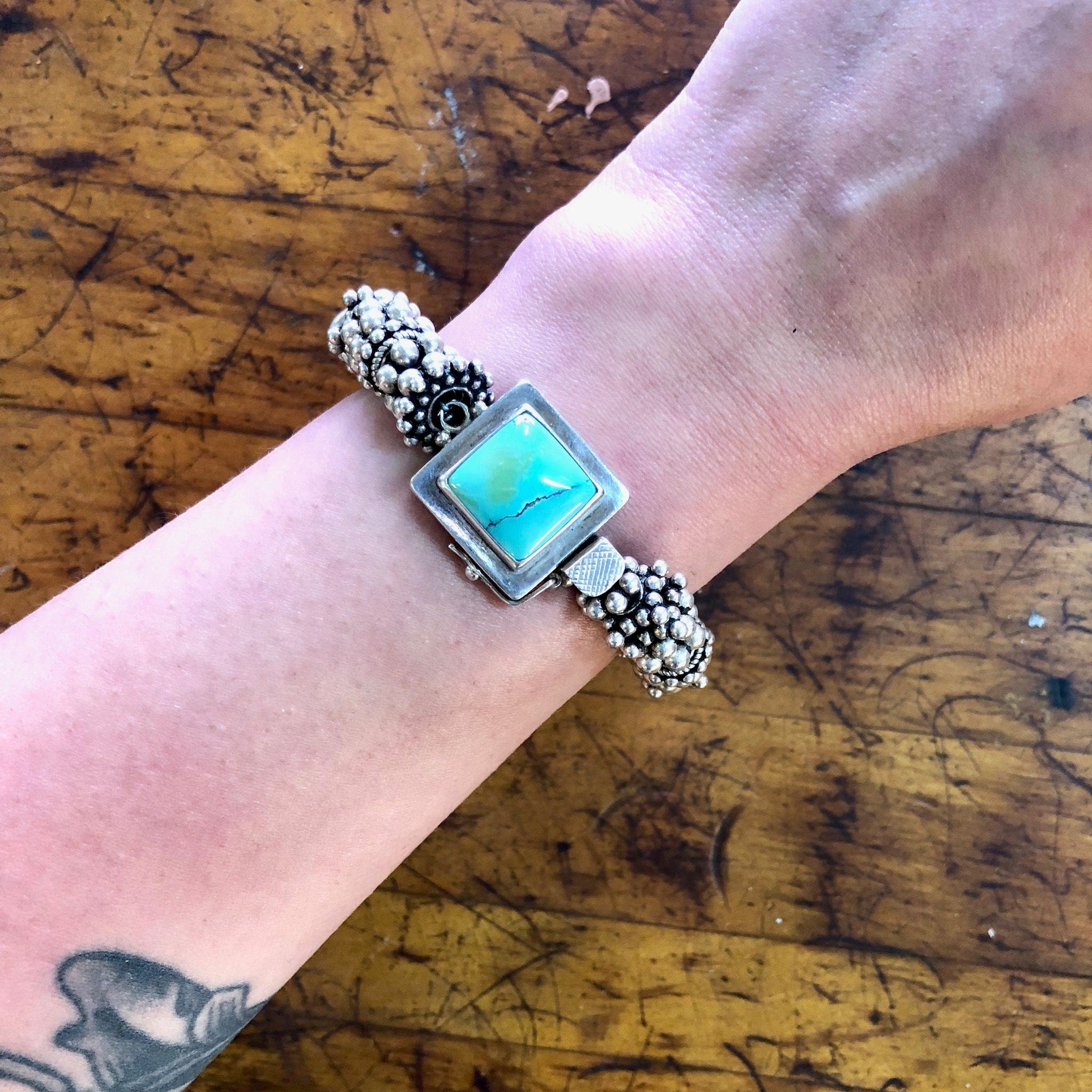 Vintage Silver Bracelet, Turquoise Bracelet, Beaded Bracelet, Statement Jewelry, Sterling Silver, Vintage Jewelry, Blue Turquoise, Green