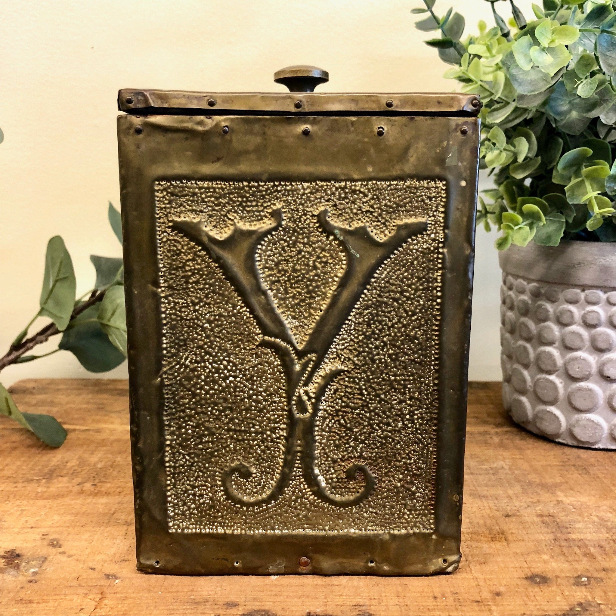 Vintage Tea Box, Tea Canister, Wooden Box, Kitchen Storage, Vintage Home Decor, Brass Box, Brass and Wood, Monogrammed Box, Lidded Container
