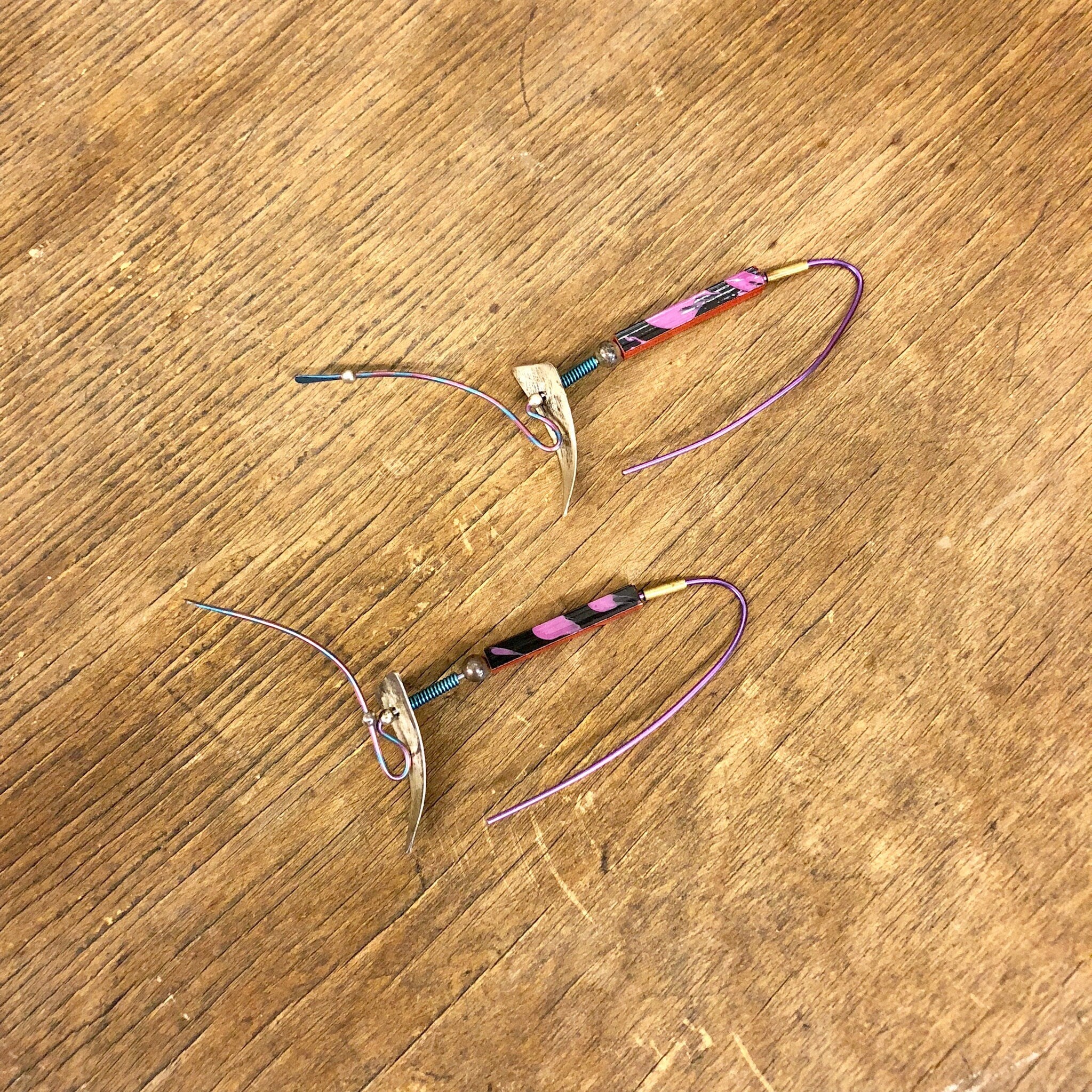 Vintage Threader Earrings, 1980s Earrings, 80's Fashion, Colorful Earrings, Purple, Pink, Blue, Brass, Spring Earrings, Statement Earrings