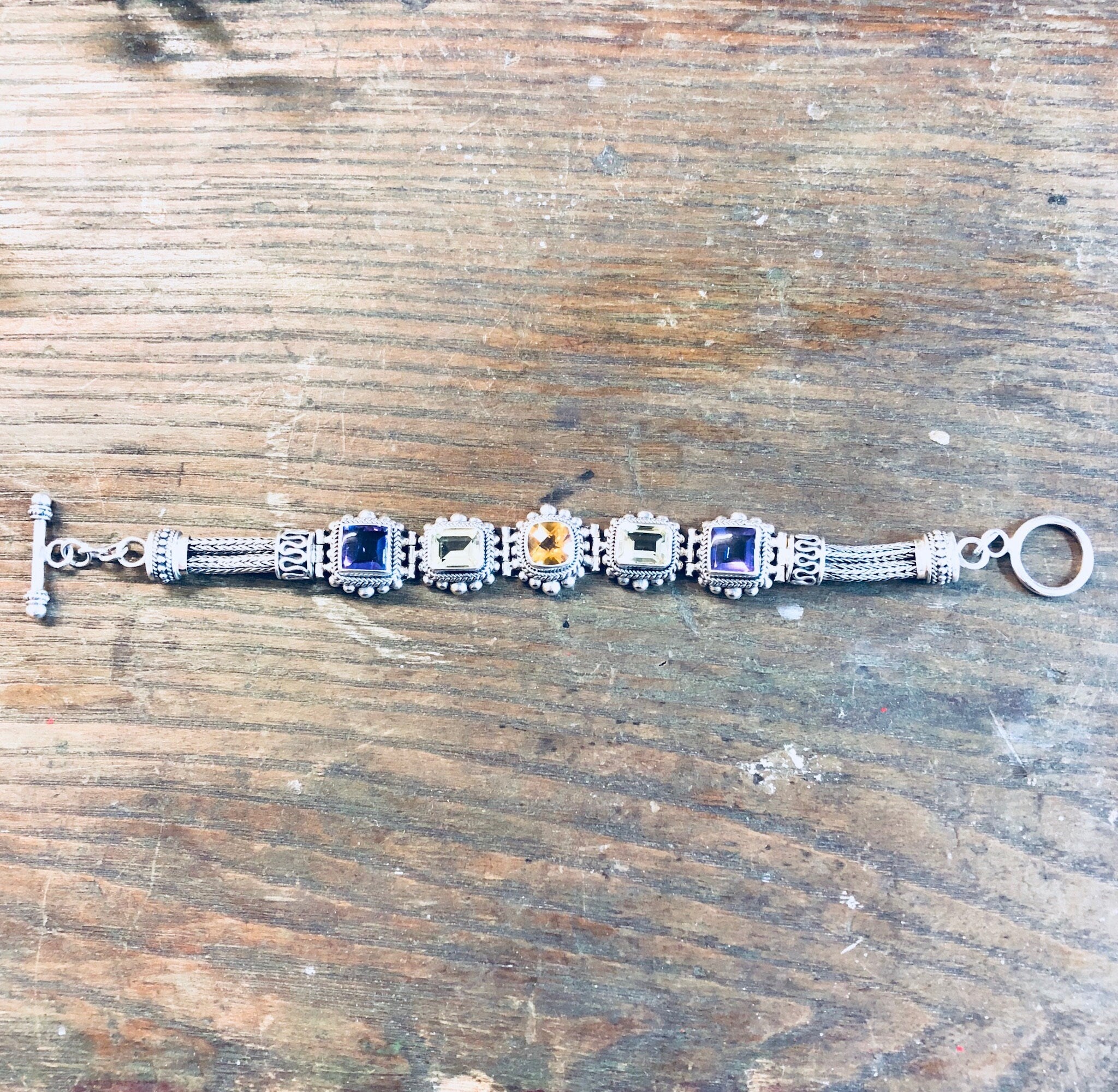 Suarti BA Bracelet, Sterling Silver, Gemstone Bracelet, Vintage Jewelry, Amethyst, Peridot, Citrine, Purple, Green, Yellow, Link Bracelet,