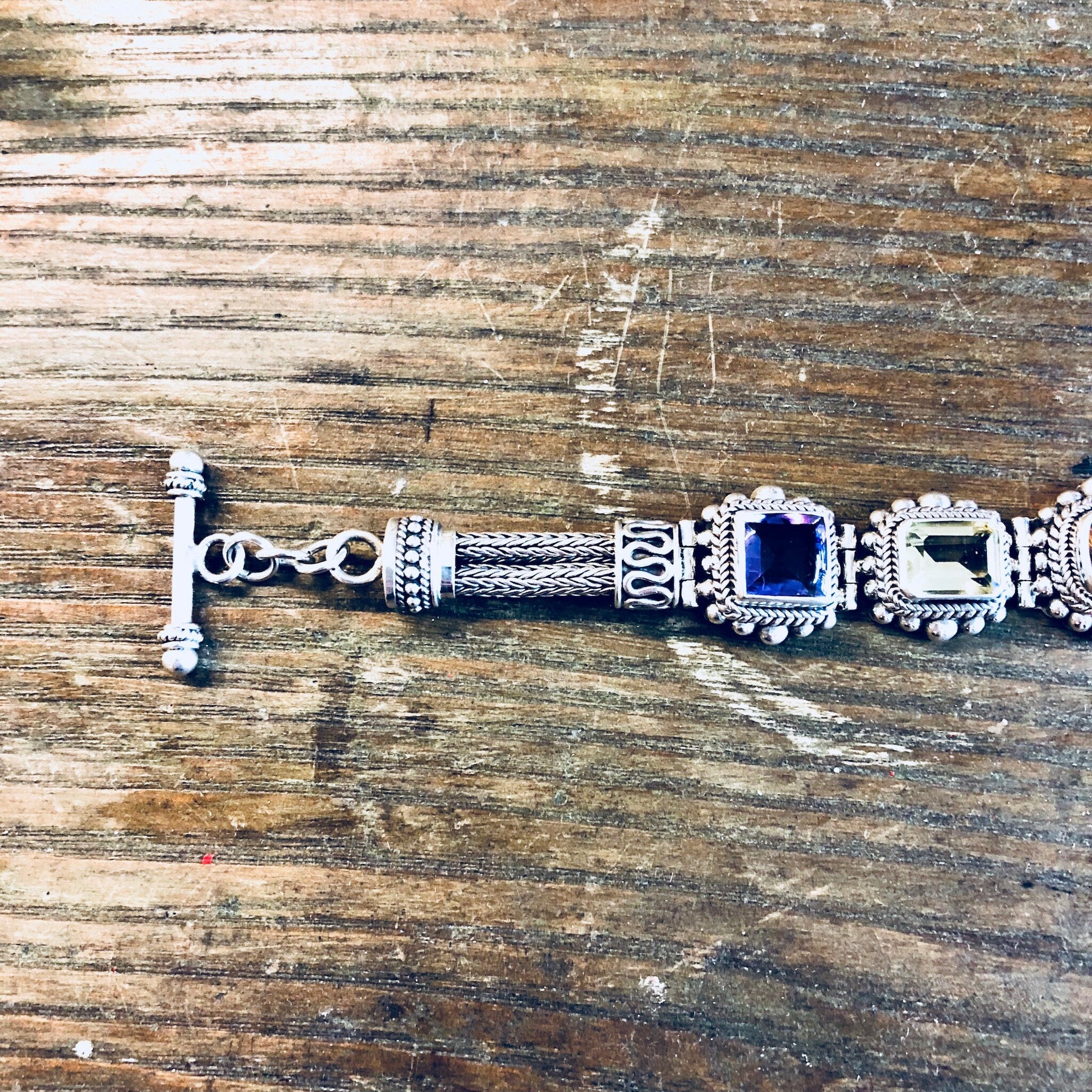 Suarti BA Bracelet, Sterling Silver, Gemstone Bracelet, Vintage Jewelry, Amethyst, Peridot, Citrine, Purple, Green, Yellow, Link Bracelet,