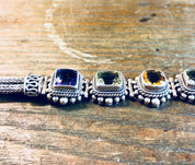 Suarti BA Bracelet, Sterling Silver, Gemstone Bracelet, Vintage Jewelry, Amethyst, Peridot, Citrine, Purple, Green, Yellow, Link Bracelet,