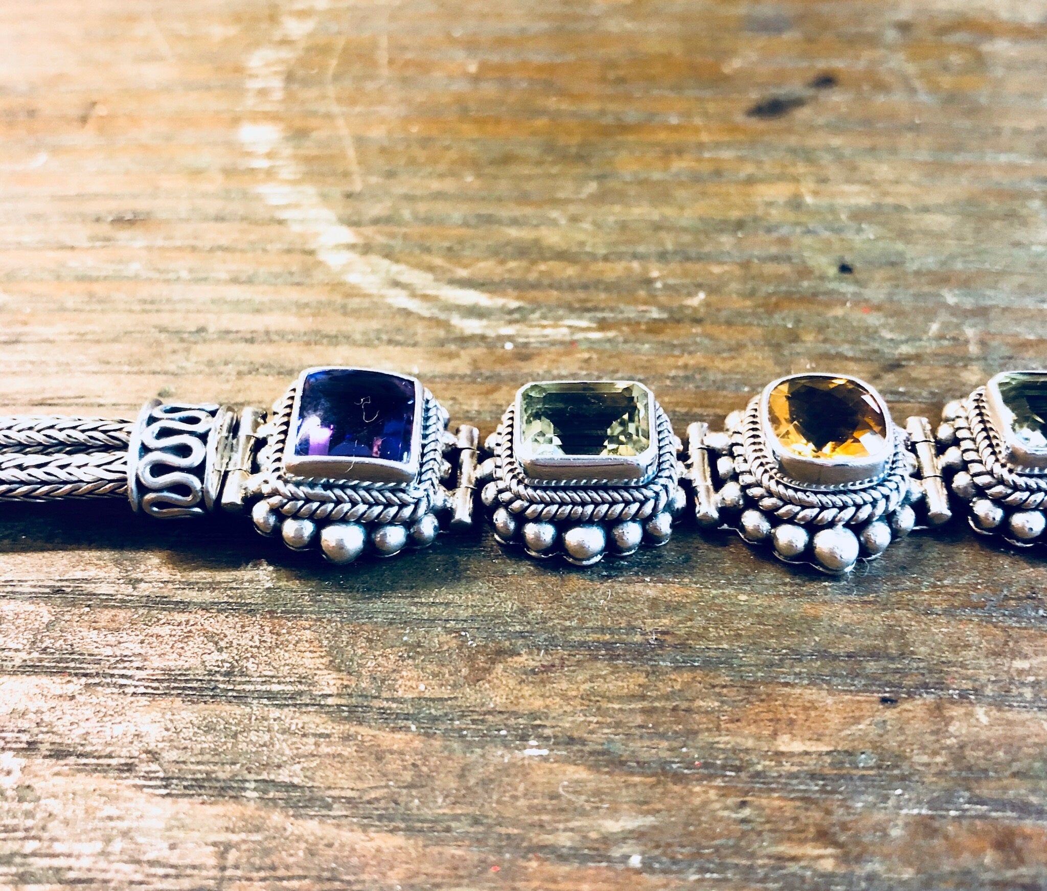 Suarti BA Bracelet, Sterling Silver, Gemstone Bracelet, Vintage Jewelry, Amethyst, Peridot, Citrine, Purple, Green, Yellow, Link Bracelet,