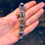 Suarti BA Bracelet, Sterling Silver, Gemstone Bracelet, Vintage Jewelry, Amethyst, Peridot, Citrine, Purple, Green, Yellow, Link Bracelet,