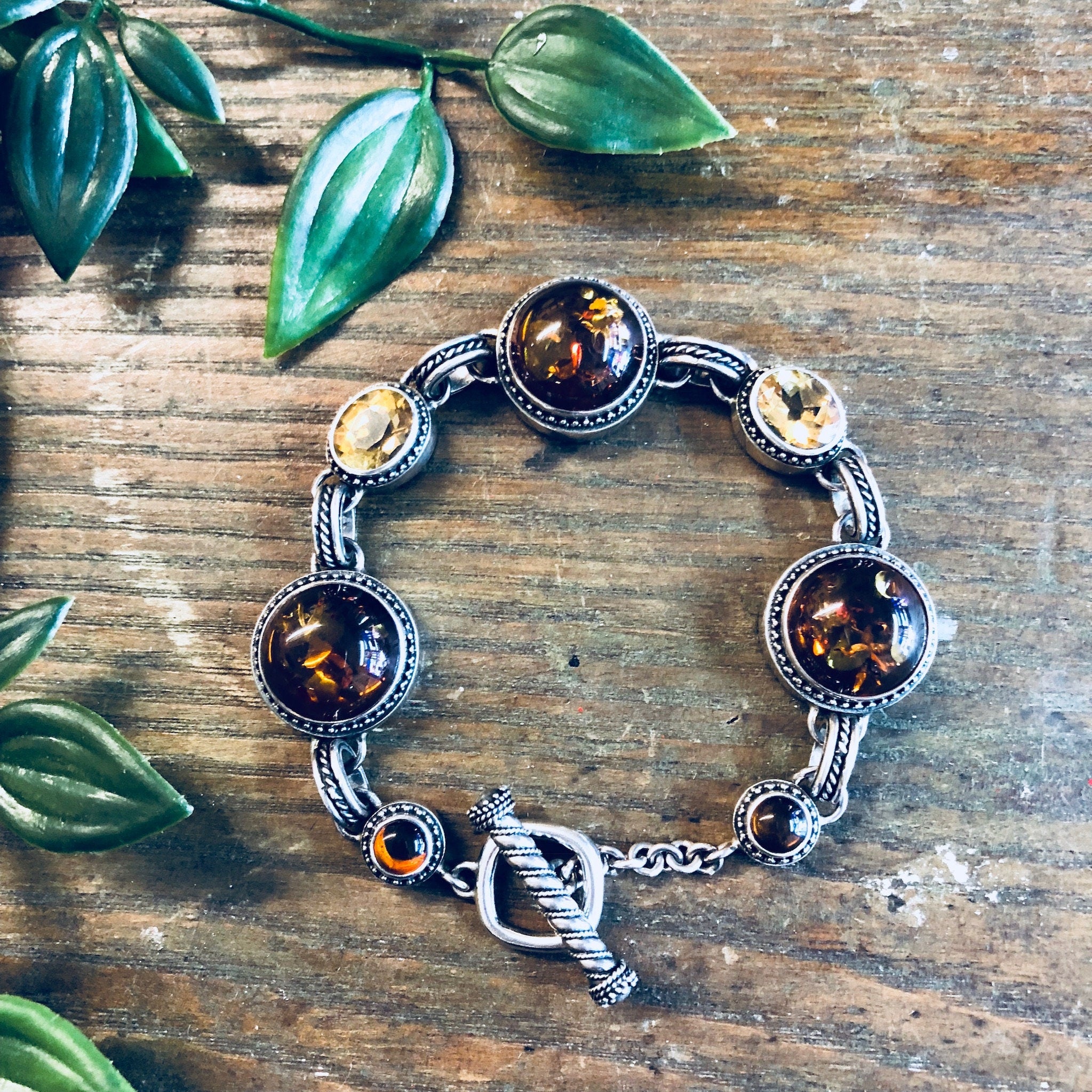 Lori Bonn Bracelet, Amber Bracelet, Link Bracelet, Vintage Jewelry, Sterling Silver, Citrine, Orange, Yellow, Designer Jewlery, Toggle Clasp