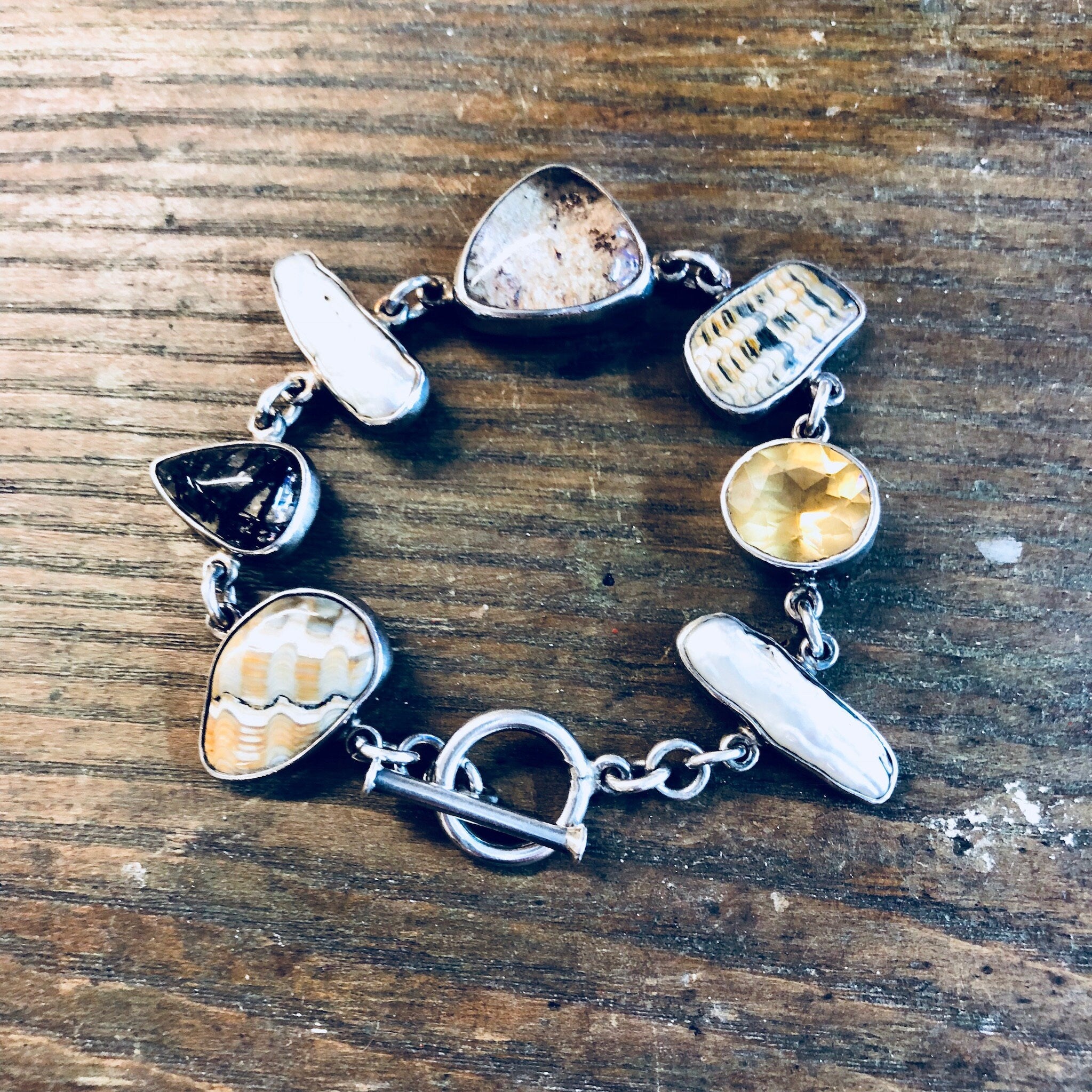 Echo of The Dreamer Bracelet, Sterling Silver, Toggle Bracelet, Vintage Jewelry, Pearl, Citrine, Natural Stones, Designer Jewelry, Rare